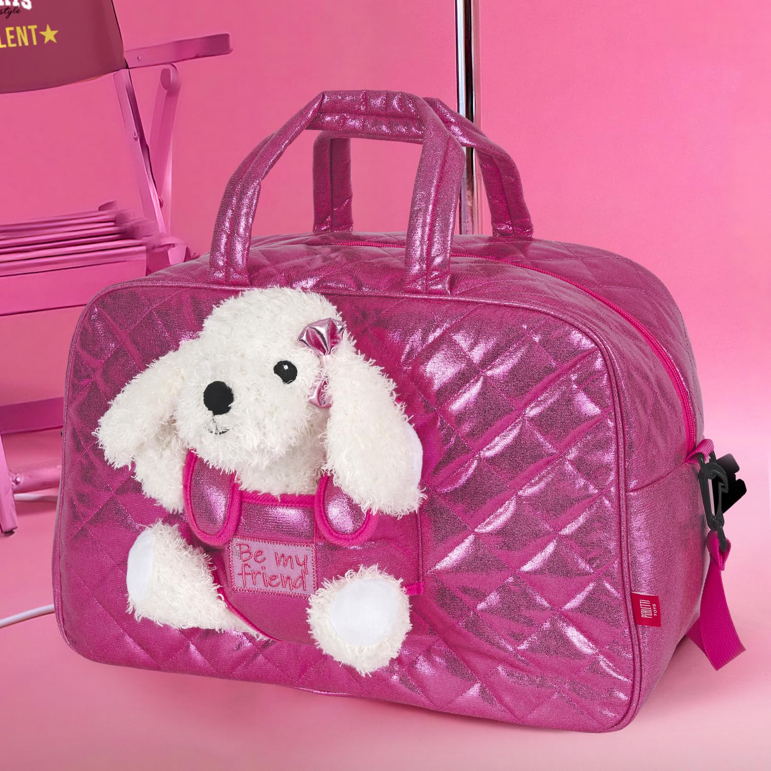 PERLETTI Bolsa de Viaje Deporte Niña con Caniche Peluche - Bolso Niñas Guardería con Perro Peluche Extraíble Rosa - Duffle Bag Regalo Niña 3 4 5 6 Años con Bandolera - 27x41,5x21cm (Bolsa de Viaje)