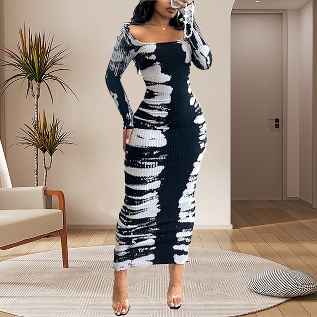 Amazon.com: Ecirod Womens Sexy Bodycon Maxi Dress Casual Square Neck Long  Sleeve Party Club Tie Dye Slit Ruched Dresses Black : Clothing, Shoes &  Jewelry