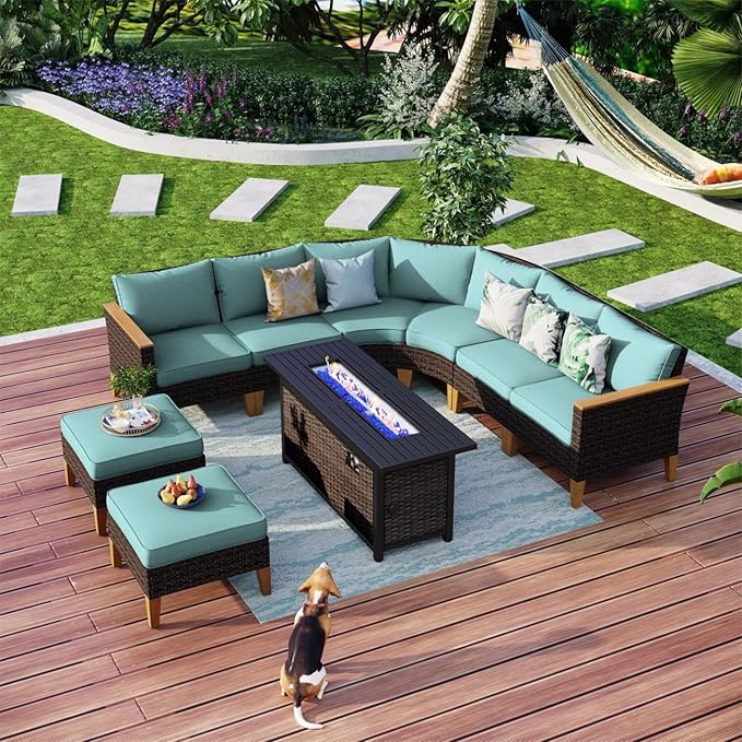 MFSTUDIO 9 Pieces Wicker Patio Furniture Set with 56" Fire