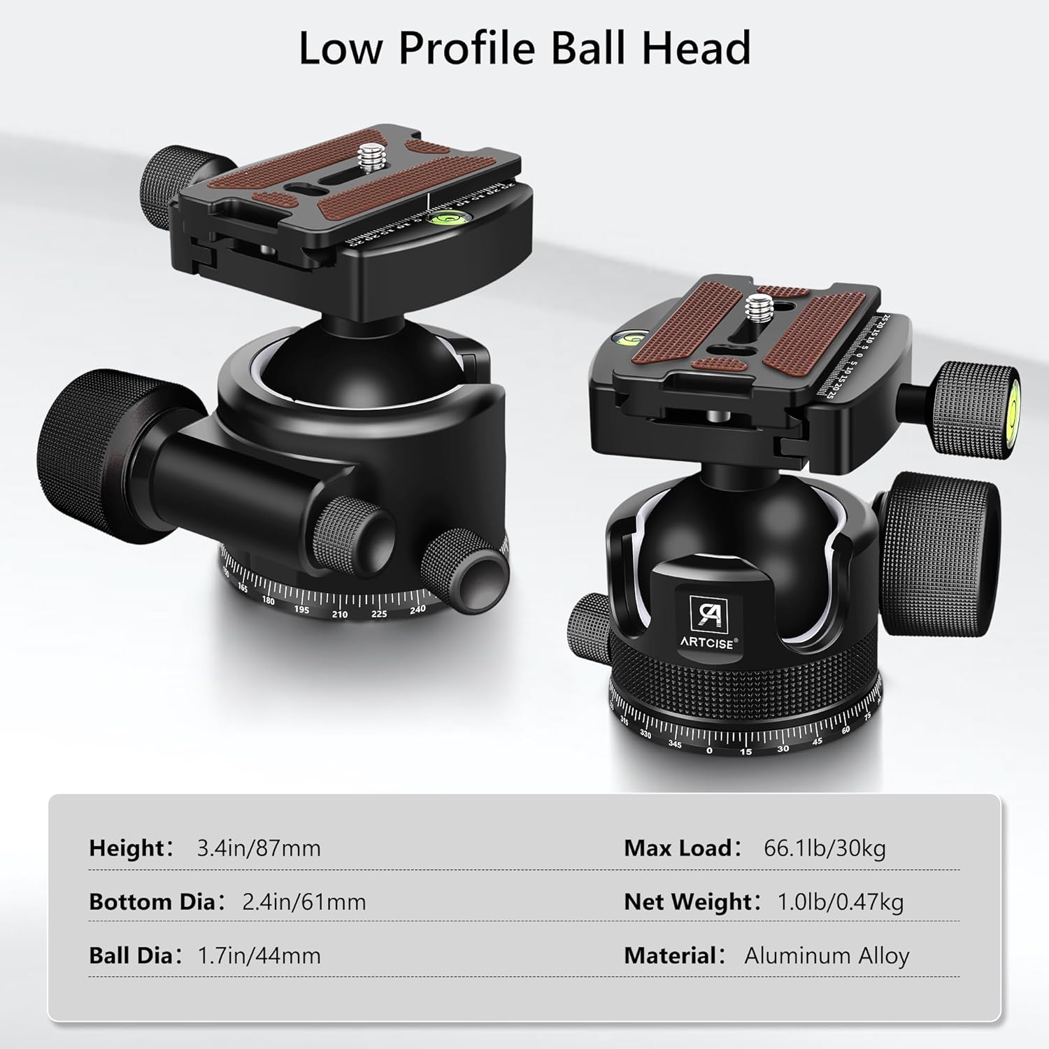 ARTCISE KB44 44mm Low Profile Panoramic Tripod Ball Head - CNC All Metal, Max Load 66lbs/30kg, Two Arca Swiss Quick Release Plate for DSLR Camera Telescope Tripod Monopod