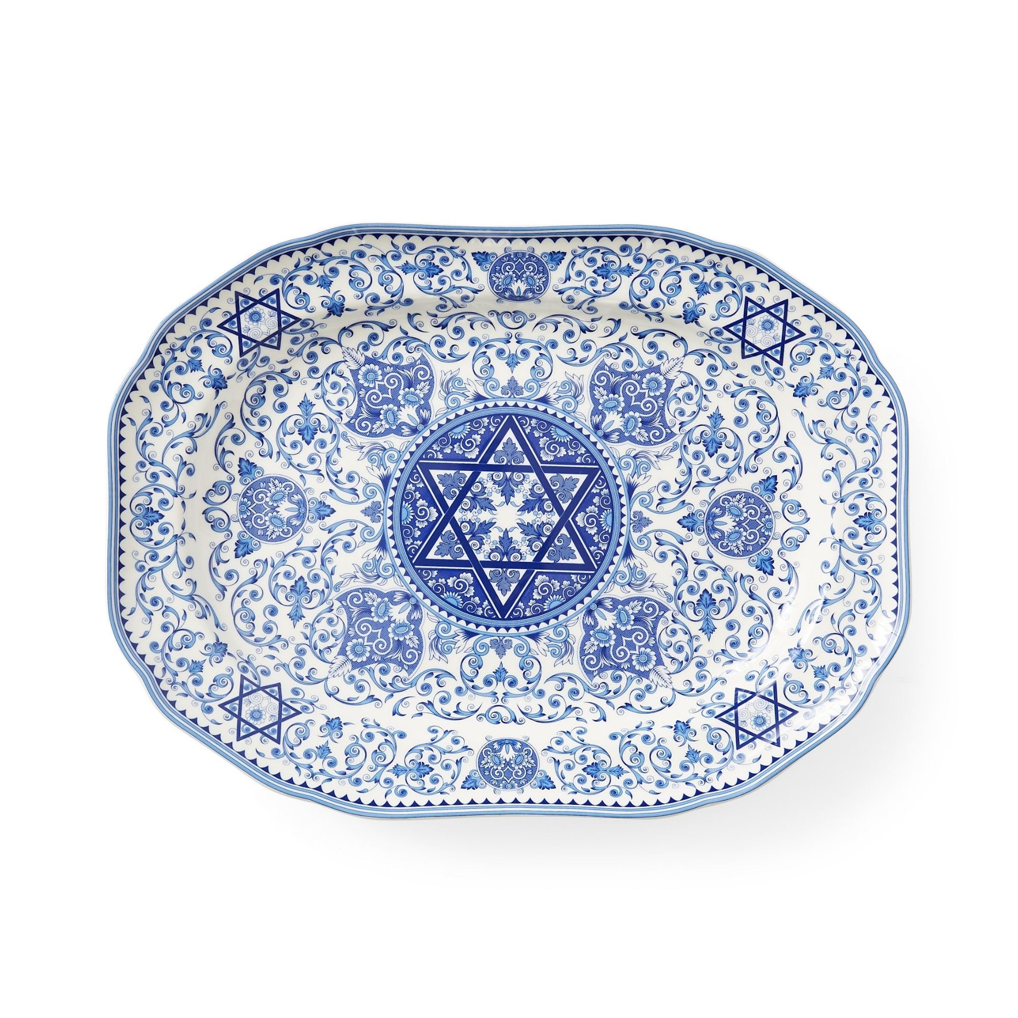Spode Judaica Collection Oval Platter - 14 Inch Blue & White Porcelain Serving Tray for Roast, Fish, Challah - Shabbat and Jewish Holiday Serveware with Star of David - Microwave & Dishwasher Safe