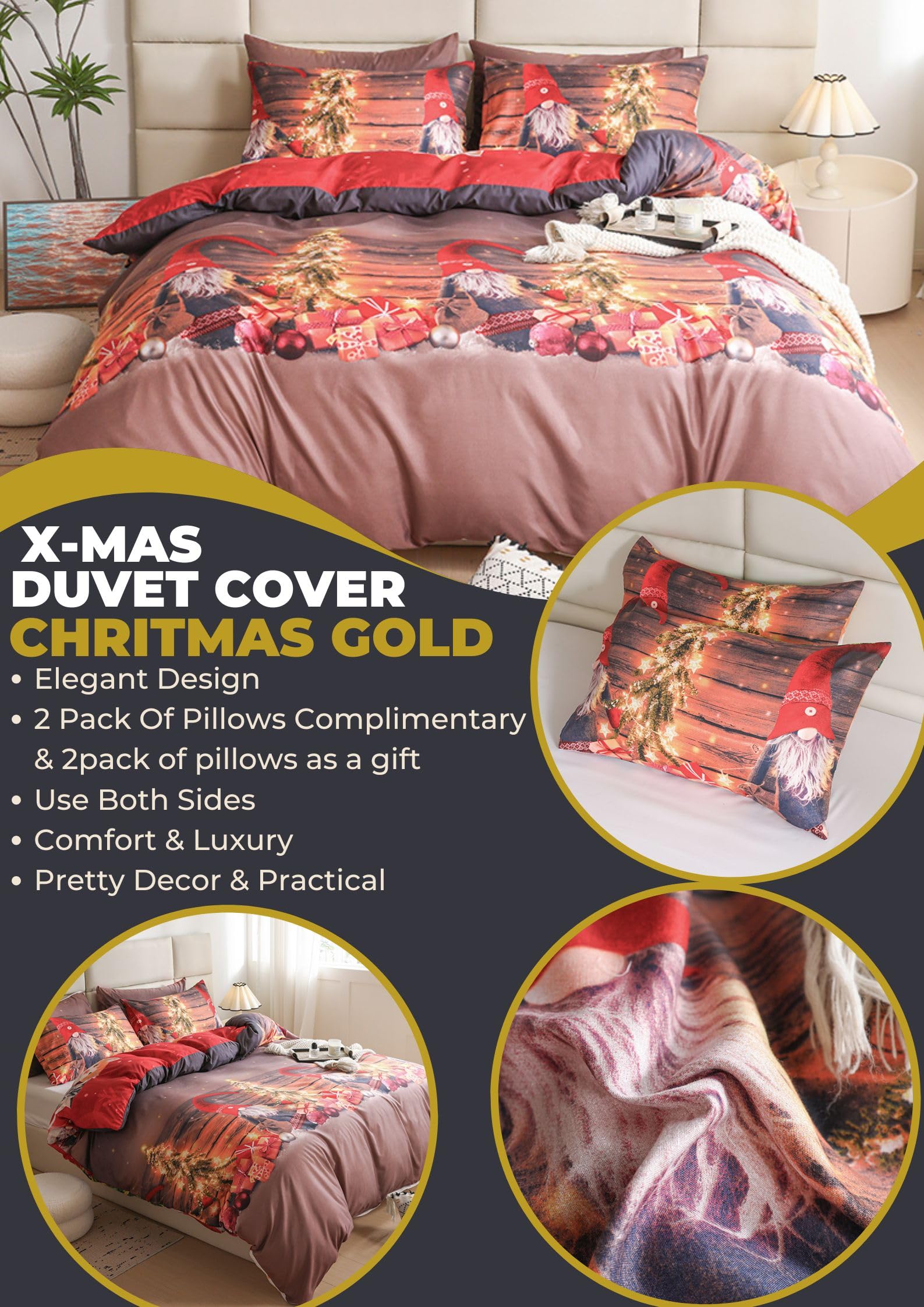 Father Christmas Royal Santa Claus Merry Santa Xmas Kitty Duvet Quilt Cover & Pillowcase Bedding Set Multi-Colour Snowman Presents Set Ultra Soft Easy Care - Image 4