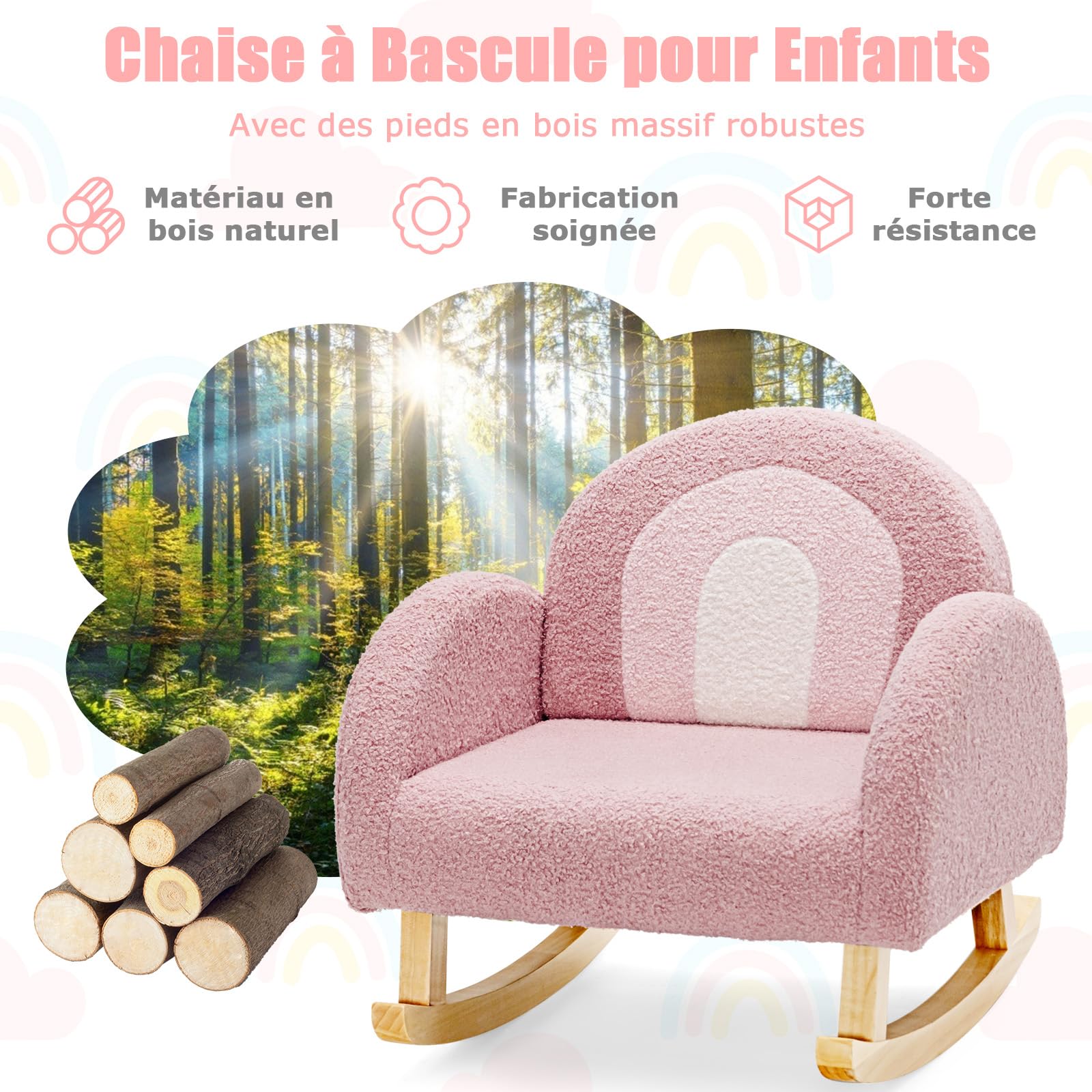 COSTWAY Fauteuil à Bascule Enfant en Peluche avec Dossier & Accoudoirs Confortable, Chaise à Bascule en Bois avec Joli Motif Arc-en-Ciel, Charge 50kg pour Garçon Fille de 3-5 Ans