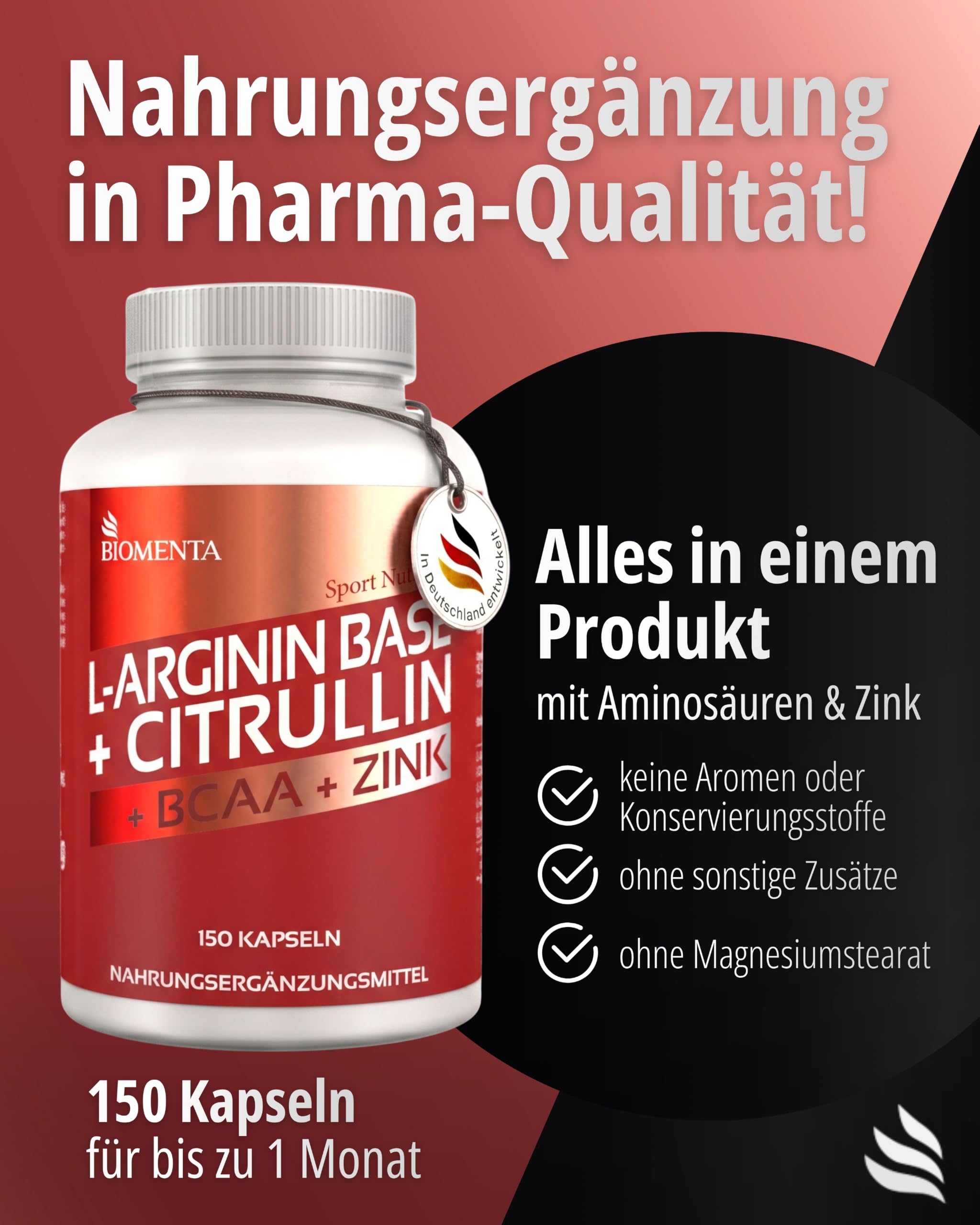 BIOMENTA L-Arginin Base + Citrullin + BCAA + Zink I 150 Kapseln mit 1100 mg Aminosäuren pro Einheit I Pre Workout Nahrungsergänzungsmittel ohne Zusätze I Laborgeprüfte Qualität