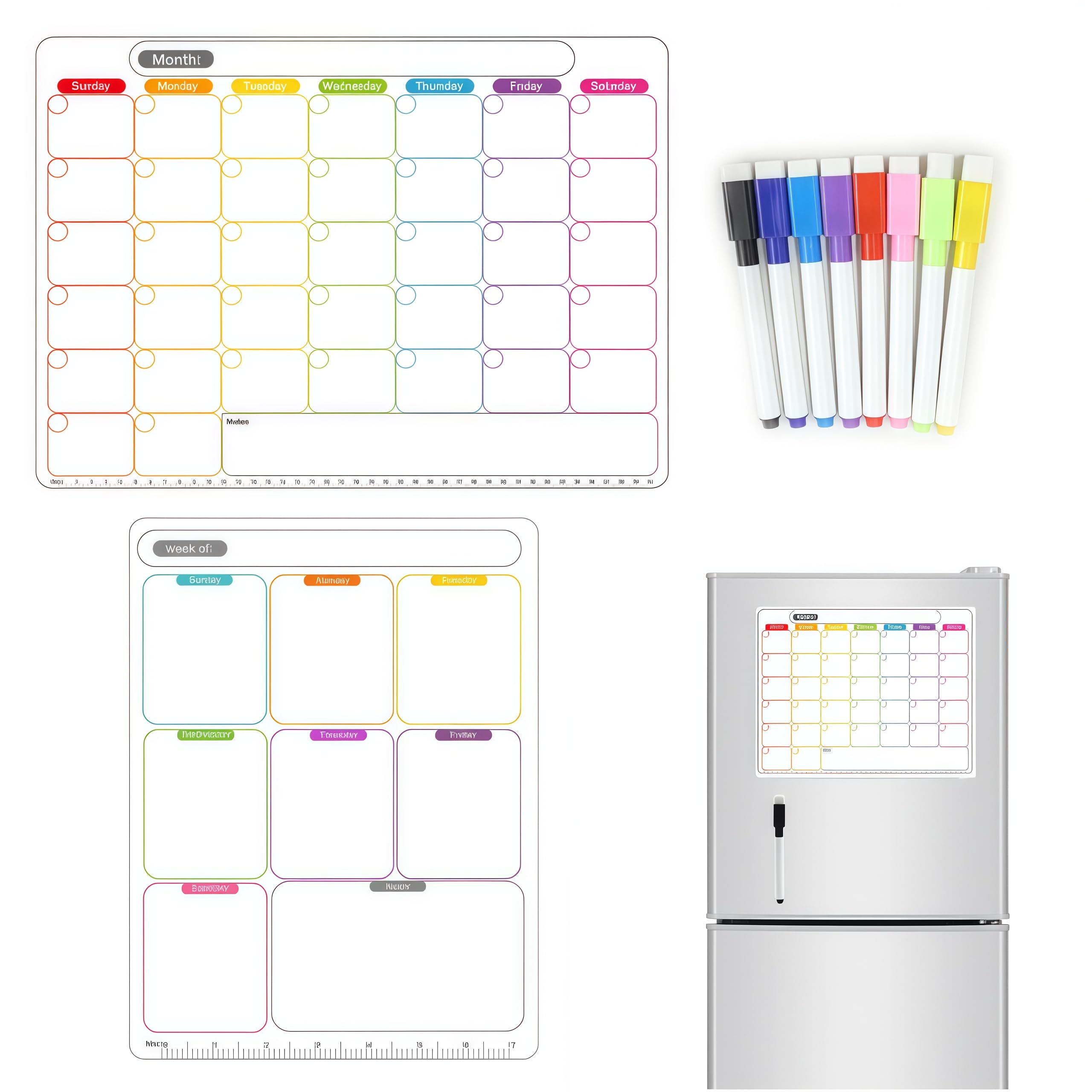 Magnetic Weekly Planner for Fridge and Monthly Planner, 11 * 8.2in Magnetic Whiteboard with 8 Markers, Easy to Erase and Write, Suitable for Home Planning, Daily Record Keeping, Time Reminders.