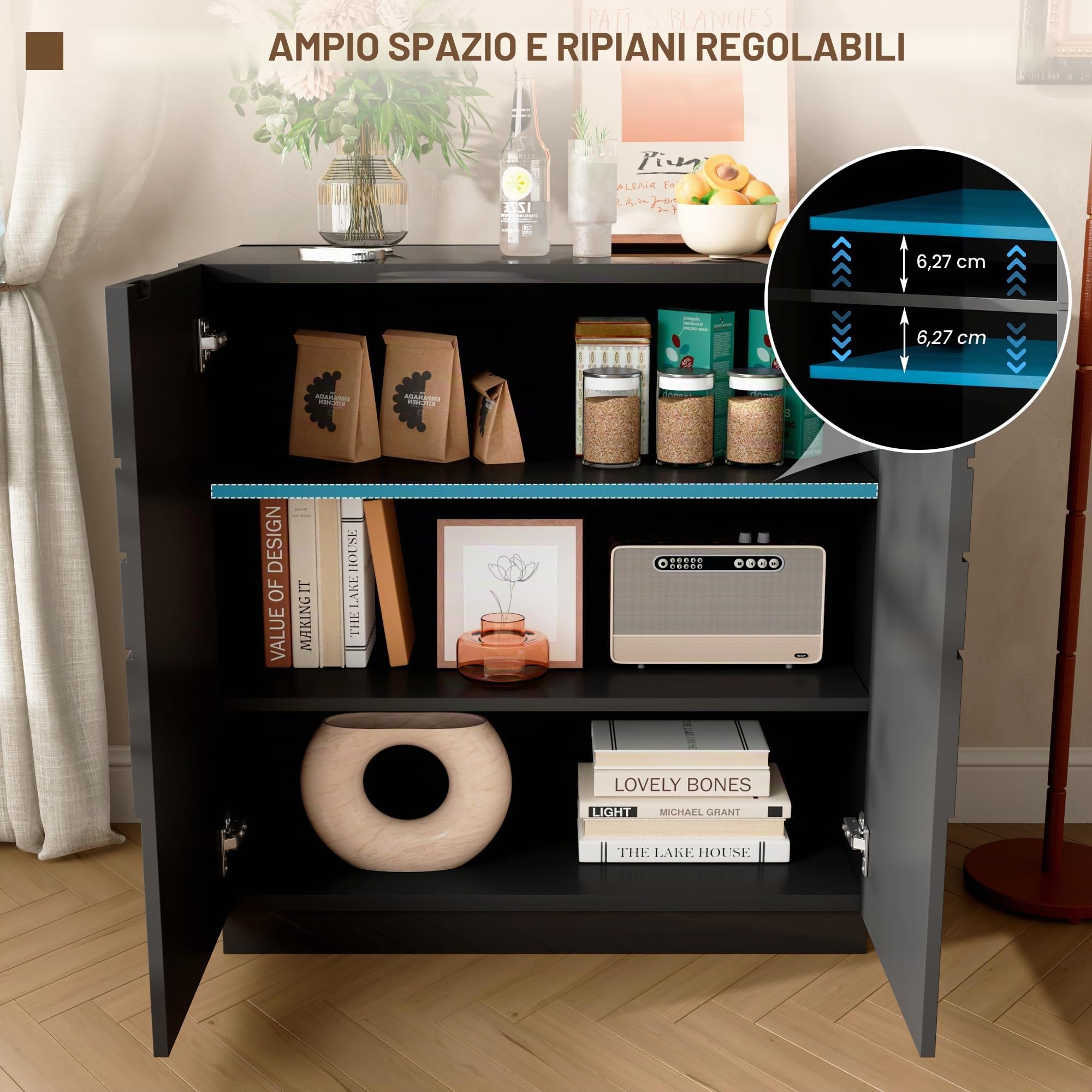LVSOMT Credenza Soggiorno, Cassettiera con 2 Porta Magnetica, Altezza 85 cm Credenza Moderna, Ripiano Regolabile, Design Geometrico, Armadio per Sala da pranzo, Camera da letto, Corridoio, Nero Lucido