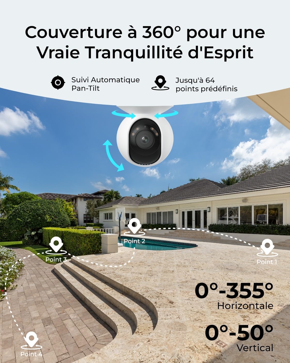 Reolink 4K PT Caméra de Surveillance PoE, Vision Nocturne en Couleur, 355° Pan & 50° Tilt Caméra IP, Suivi Automatique, Détection Intelligente, Audio 2 Voies, Enregistrement 24/7, E1 Outdoor SE PoE