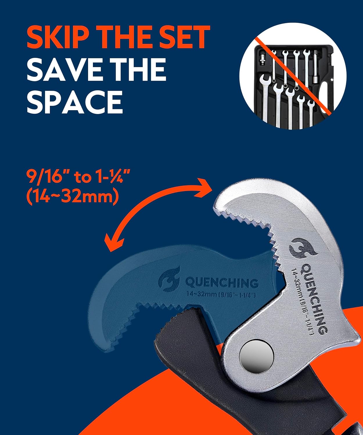 Self Adjusting Crowfoot Wrench, 9.5" Auto Jaw 9/16" to 1-1/4", 14 to 32 mm, Rust Resistant & Power Grip, Space-Saving Alternative to Wrench Sets for Car and Home Repairs