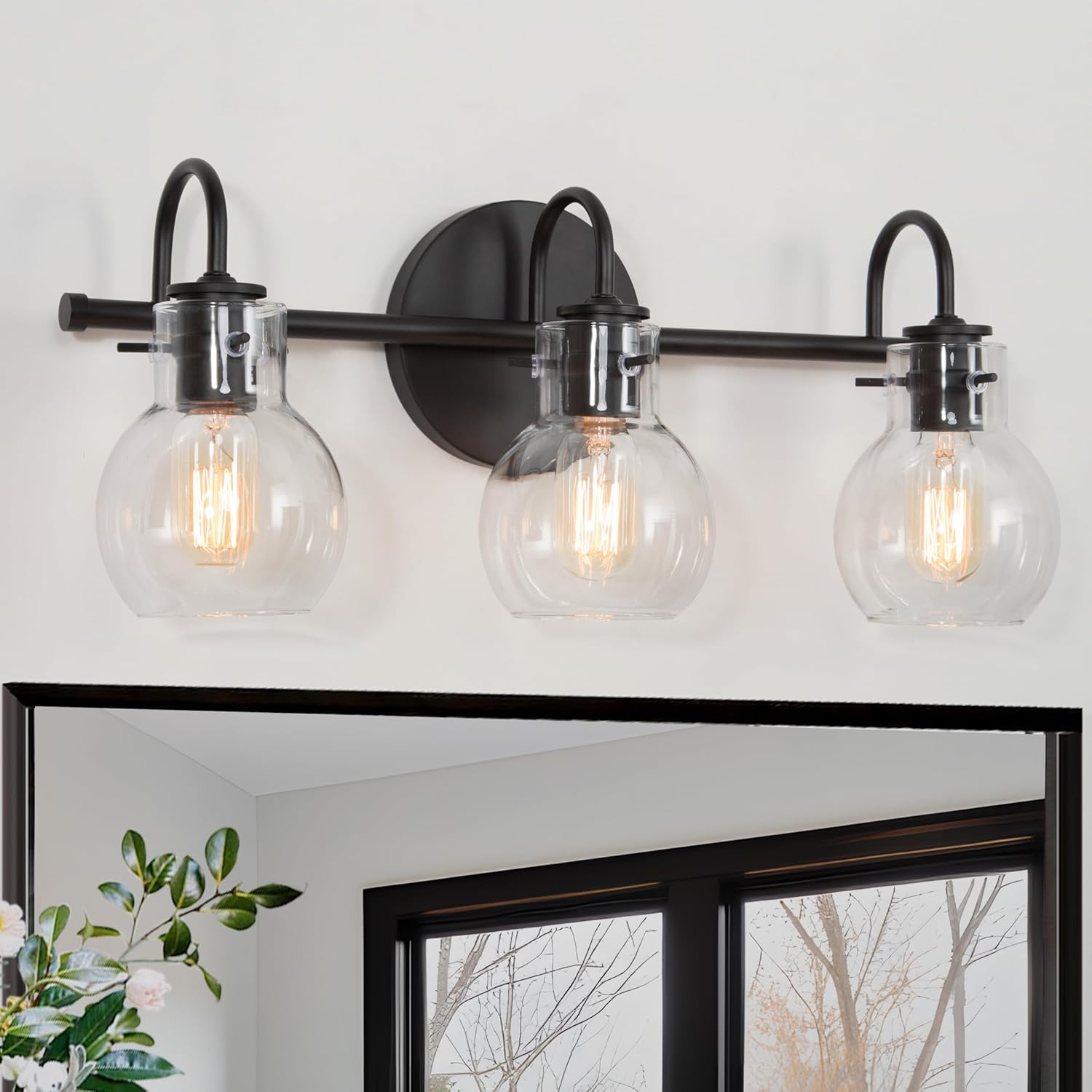 LALUZ Black Bathroom Vanity Light Fixtures, 3-Light Matte Black Farmhouse Vanity Lights with Clear Glass Globe, 22'' Modern Bathroom Lighting Lights Over Mirror