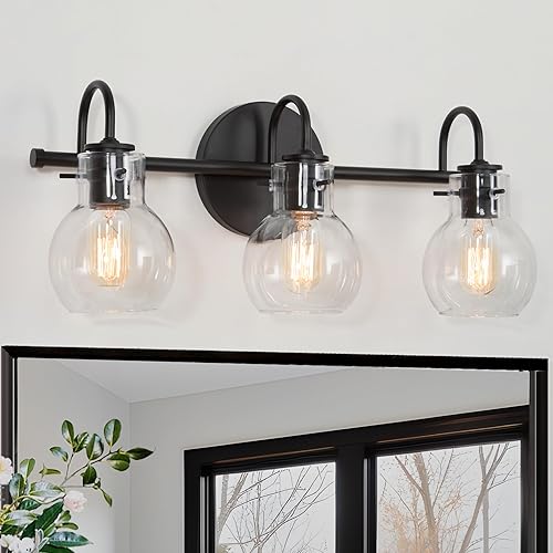 Miniatura 1 de LALUZ Lámparas de tocador de baño negras, 3 luces negras mate con globo de vidrio transparente, luces modernas de iluminación de baño sobre espejo