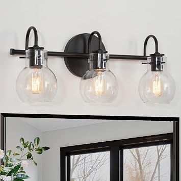LALUZ Black Bathroom Vanity Light Fixtures, 3-Light Matte Black Farmhouse Vanity Lights with Clear Glass Globe, 22 Modern Bathroom Lighting Lights Over Mirror
