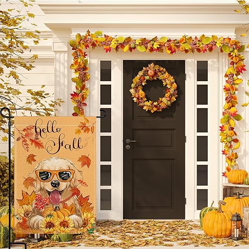 Miniatura 3 de Banderas de jardín con texto en inglés Hello Fall Golden Retriever para exteriores, diseño de girasol, calabaza, perro, bandera de arpillera de