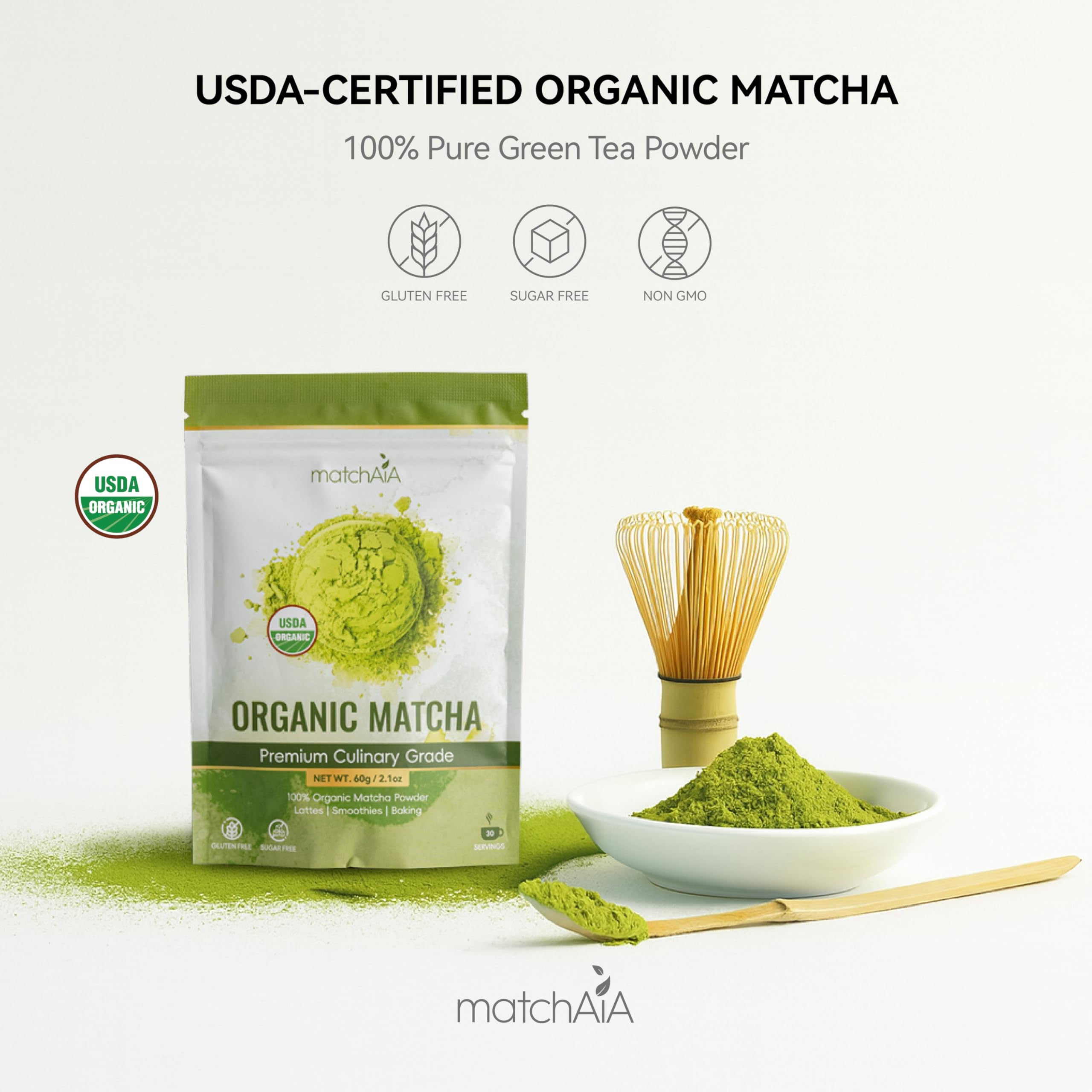 MatchAiA Organic Matcha Green Tea Powder - Premium Culinary Grade USDA Certified 100 Pure - Perfect for Lattes — view 2