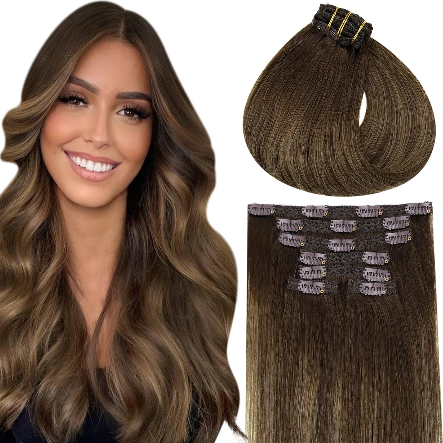 Vivien 24 Inch Clip in Human Hair Extensions 140g Balayage Darkest Brown and Ombre Light Brown