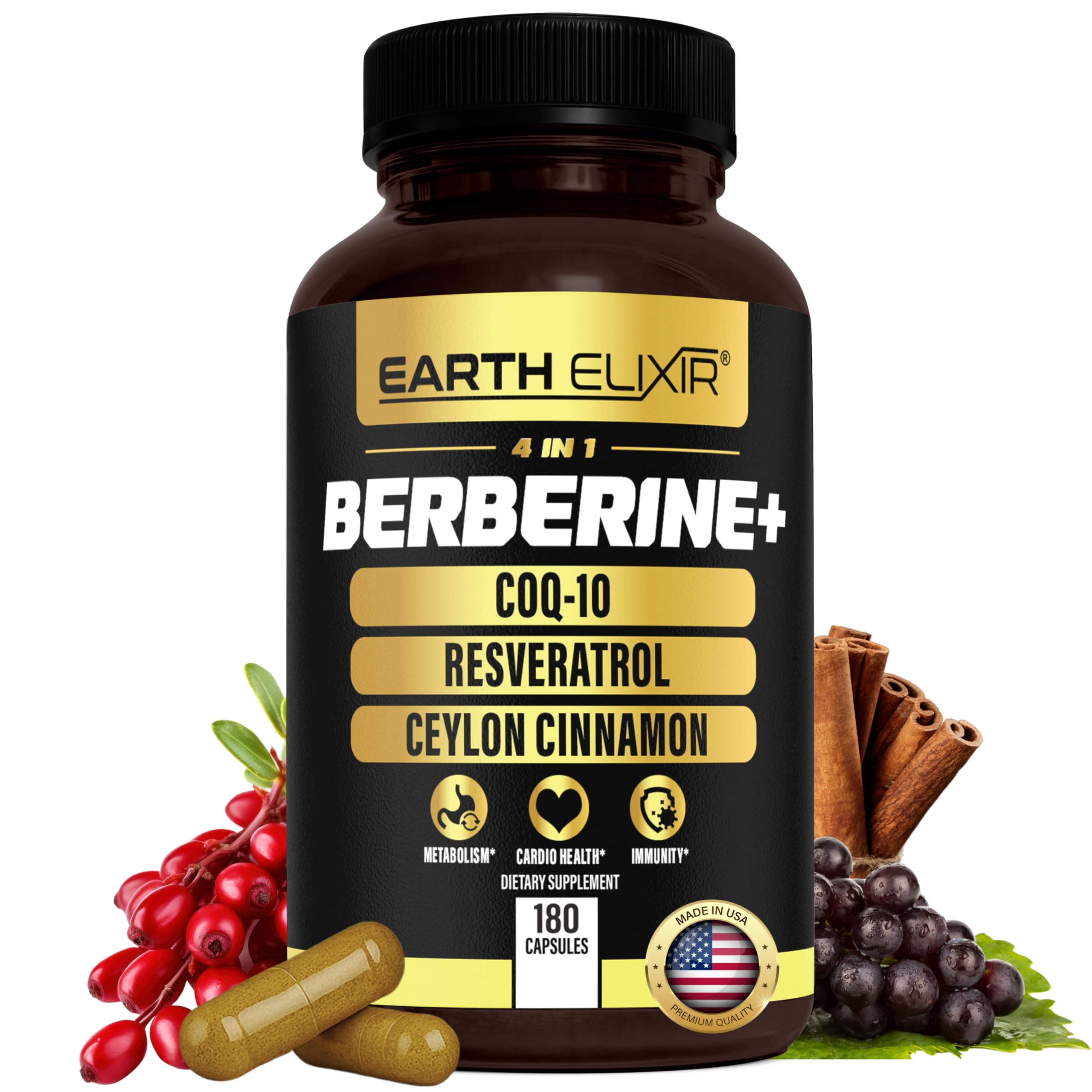 Sponsored Ad - Earth Elixir 4-in-1 Berberine Supplement – Organic Berberine with Ceylon Cinnamon, CoQ10 Ubiquinol, and Resveratrol Powder – Metabolic & Cellular Energy Support, 180 Vegan Capsules