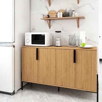 Farmhouse Buffet Sideboard Cabinet with Storage, Coffee Bar Station Table with Fluted Doors, Modern Wood Cupboard for Kitchen, Livingroom, Entryway (Natural)