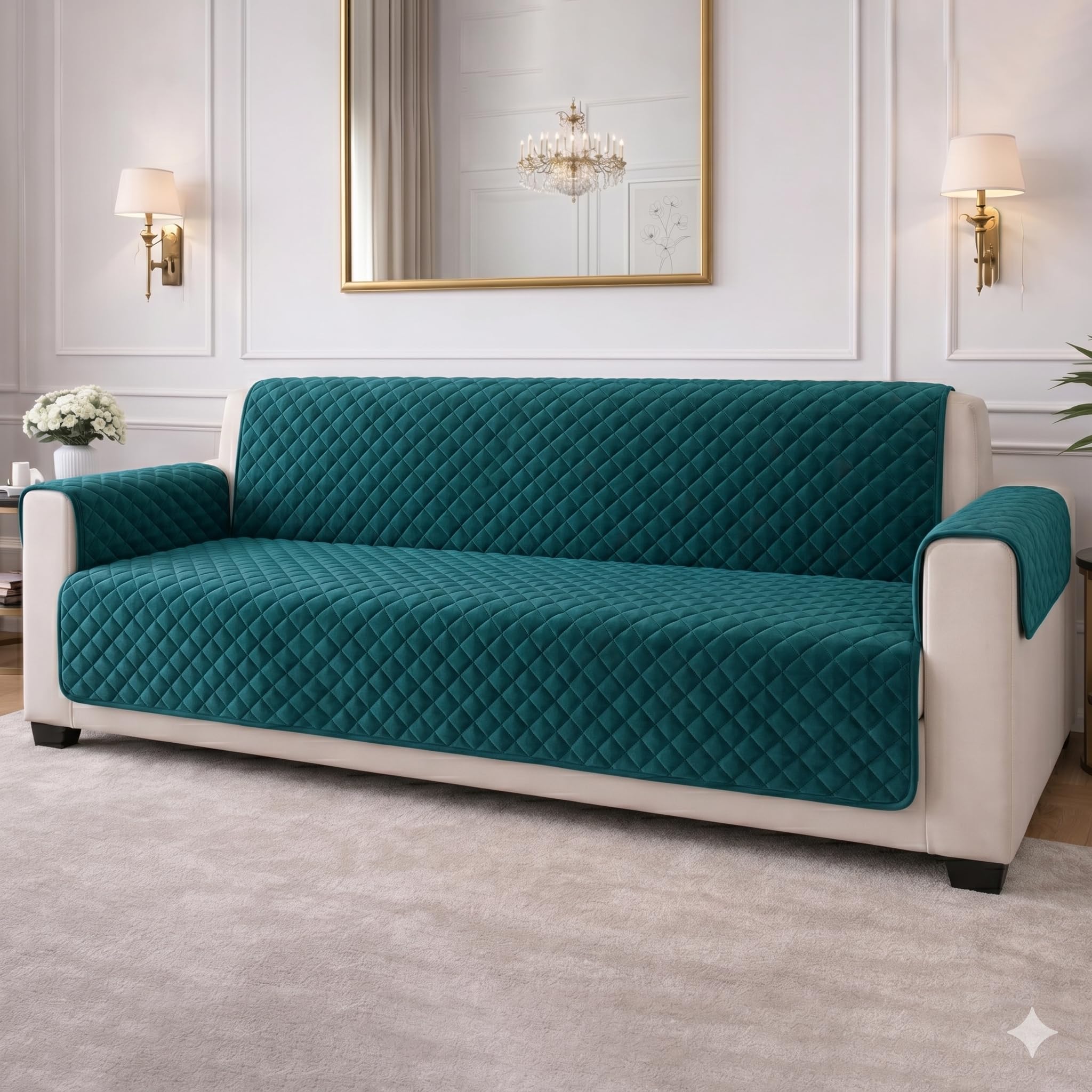STITCHNEST 'Airsoft Range Series' Solid Quilted Velvet Sofa Cover for 1 Seater | Premium Soft Velvet Sofa Protector | Castleton Green Diamond Quilted Design with Armrest Pockets | Furniture Cover