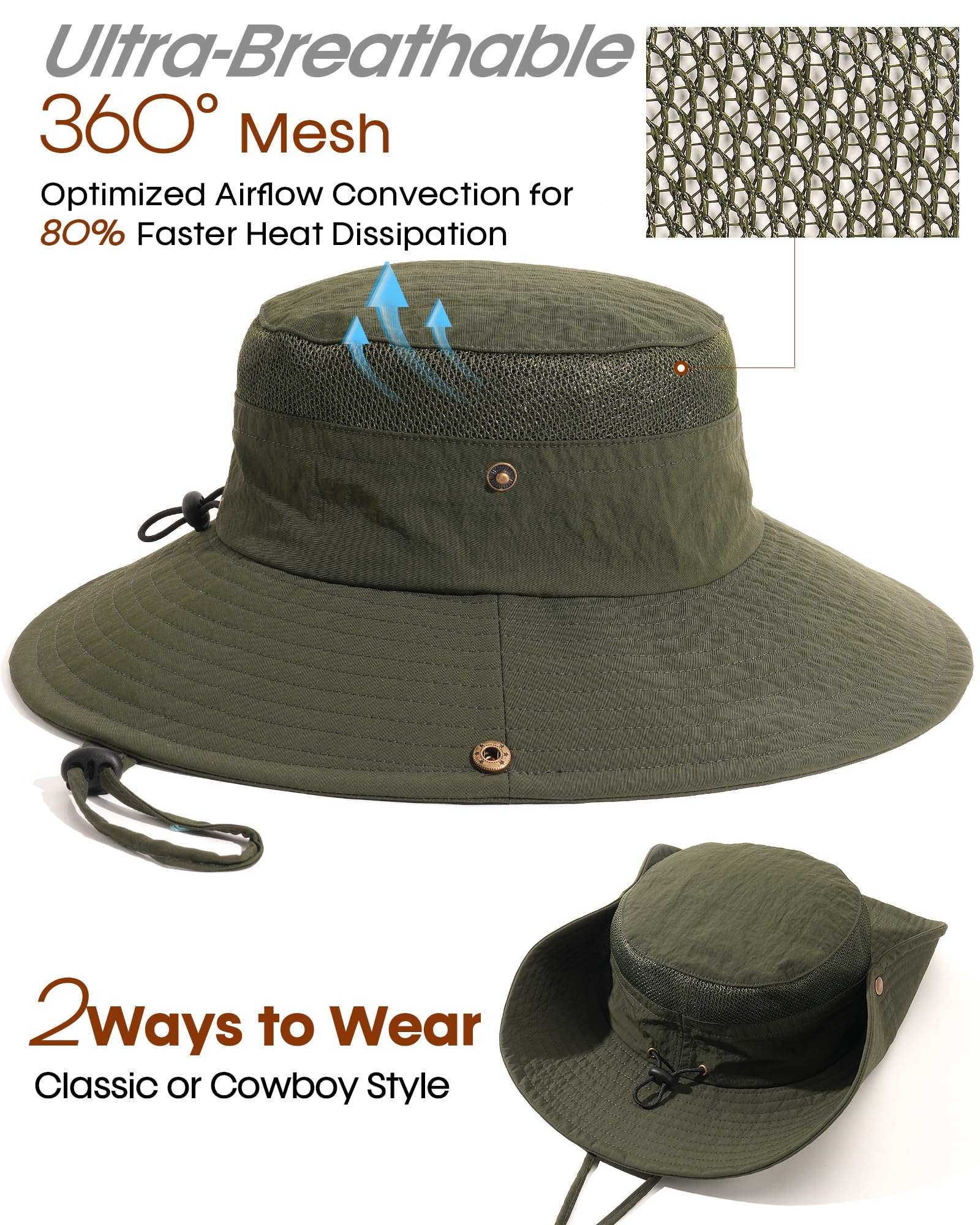 Sombreros de sol para hombres y mujeres, sombrero de pesca UPF 80+, transpirable, ala ancha, senderismo, verano, protección UV, sombreros de pescador, Verde, Talla única 3