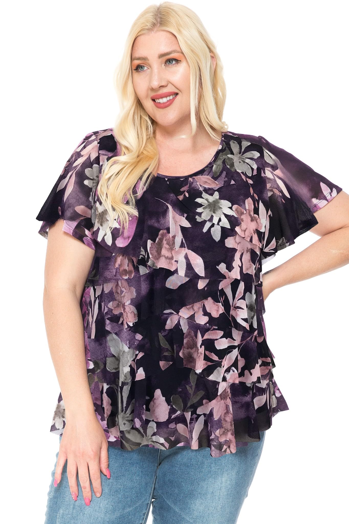 LEEBE Women and Plus Size Printed Mesh Ruffle Top (Small-5X)