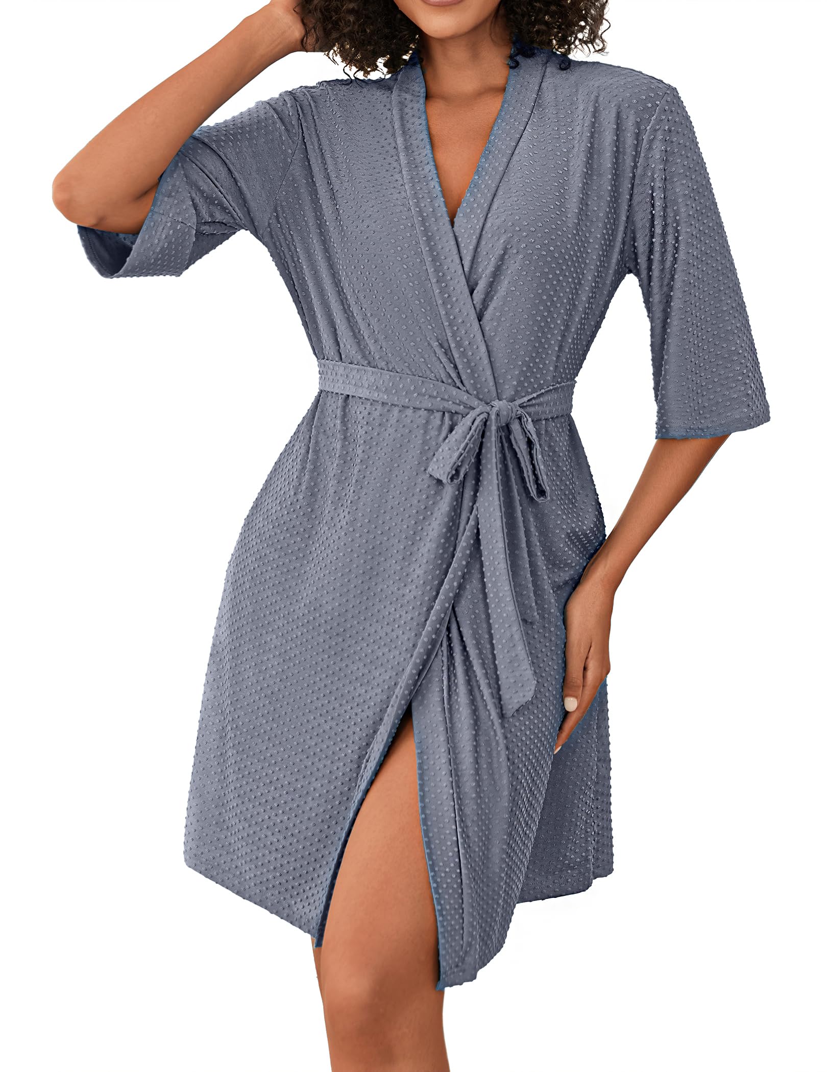 Ekouaer Short Robes for Women Lightweight Bathrobe Kimono Robes Knee Length 3 4 Sleeve Swiss Polka Dot Soft