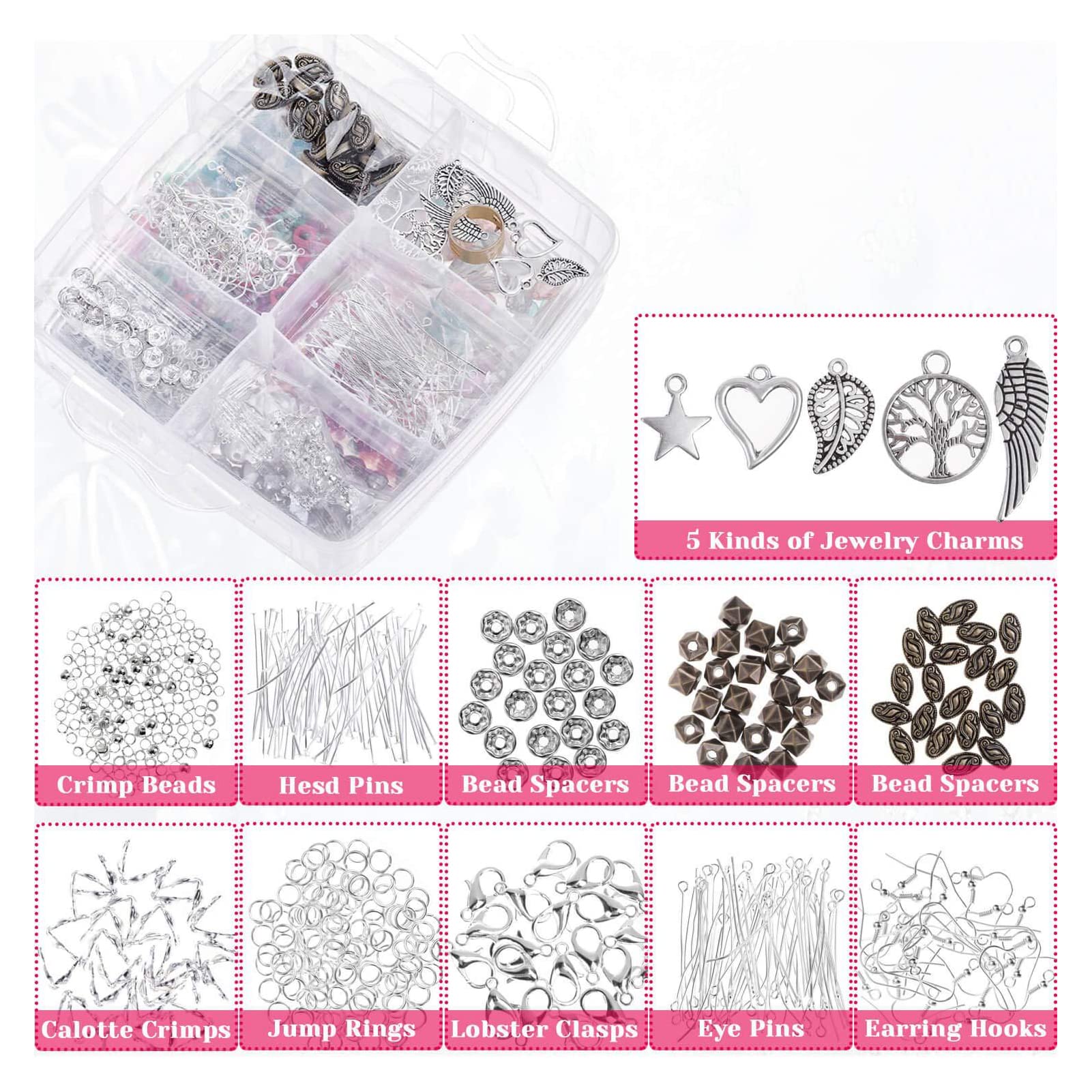 Scatola per la creazione di gioielli a 3 strati, kit per la creazione di gioielli con perline per adulti e principianti, set di perline in acrilico sfuse con organizzazione per ore