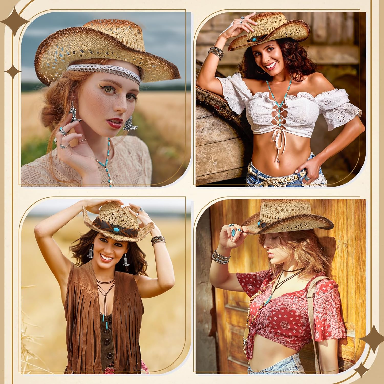 Newcotte 15 Pcs Cowgirl Outfits for Women Western Outfit Fringe Vest Cowboy Chic Cowboy Hat for Halloween Country 70s Hippie Cosplay - Image 7