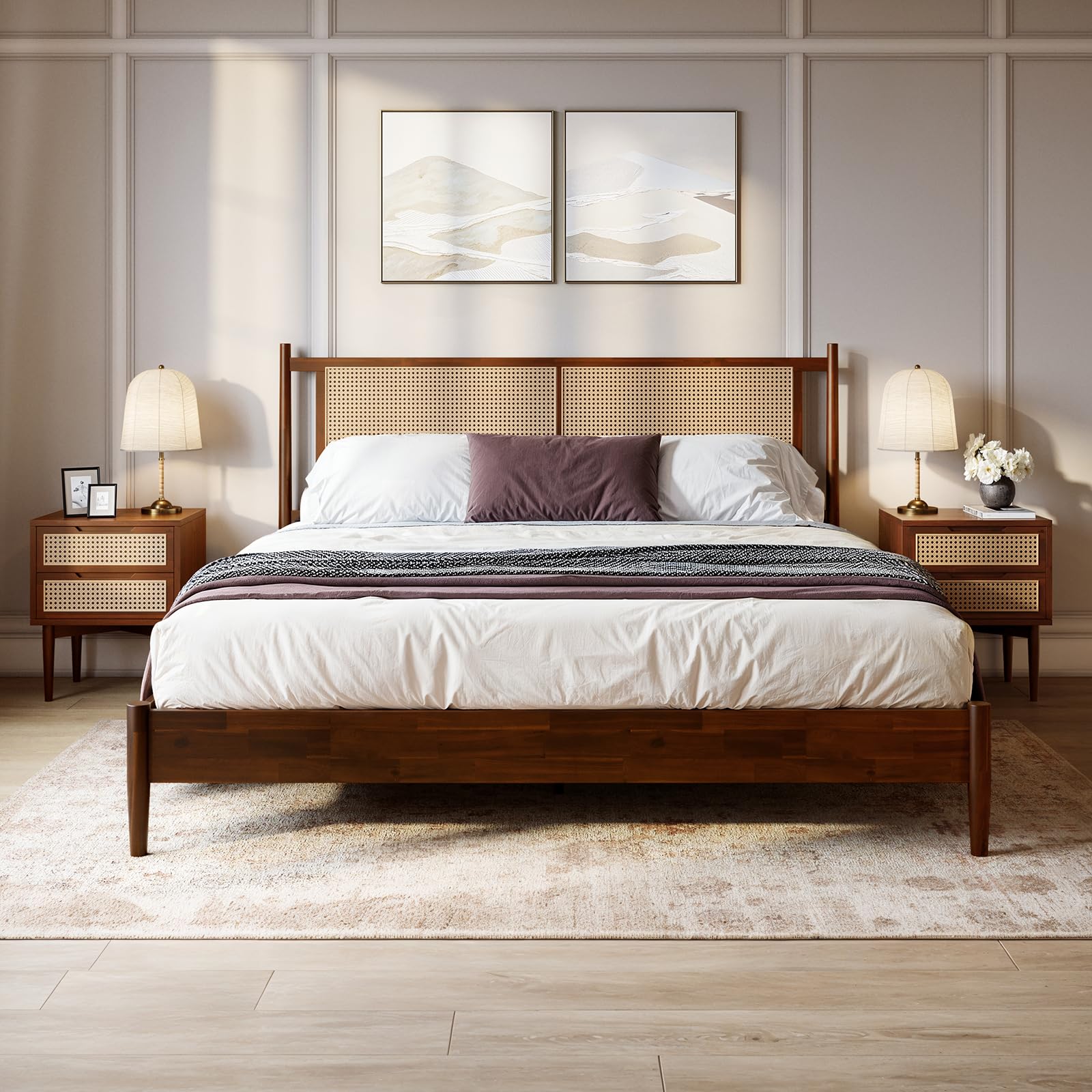 Bme Oliver 15 Inch Signature Bed Frame with Rattan Headboard - Bohemian & Mid Century Style - No Box Spring Needed - 12 Strong Wood Slat Support - Easy Assembly - Walnut, King-image-6