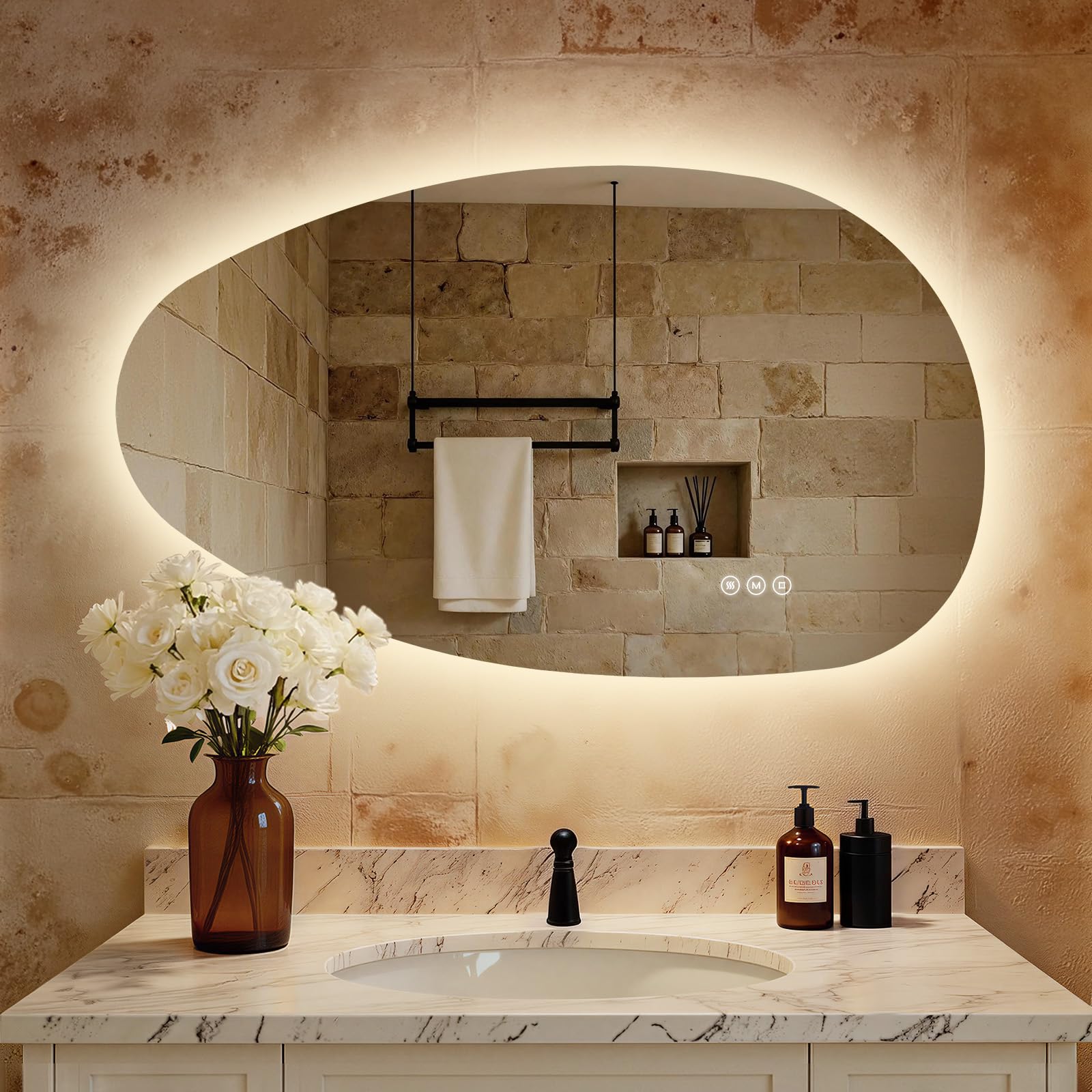 S'AFIELINA Miroir de Salle de Bain avec Éclairage 85×50×2,5 cm (H×L×P) Miroir Rond Asymétrique avec Interrupteur Tactile, Dimmable, 3 Couleurs de Lumière Réglables, Antibuée Miroir de Salle de Bain