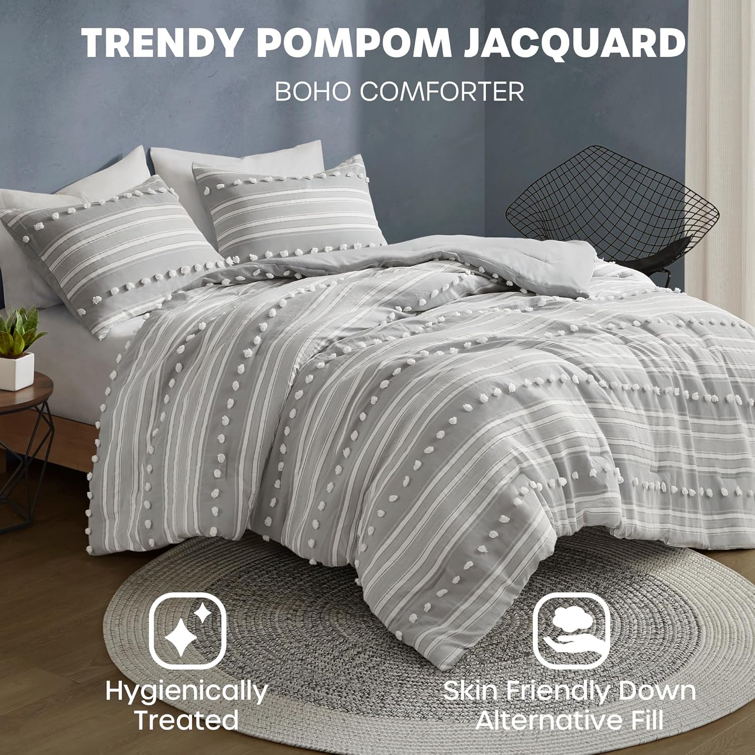 Intelligent Design Queen Comforter Set Clipped Jacquard, Tufts Pompom Accent, Boho Comforter, Down Alternative All Season Lightweight & Fluffy Bedding, Matching Shams, Rowan, Full/Queen, Grey 3 Piece