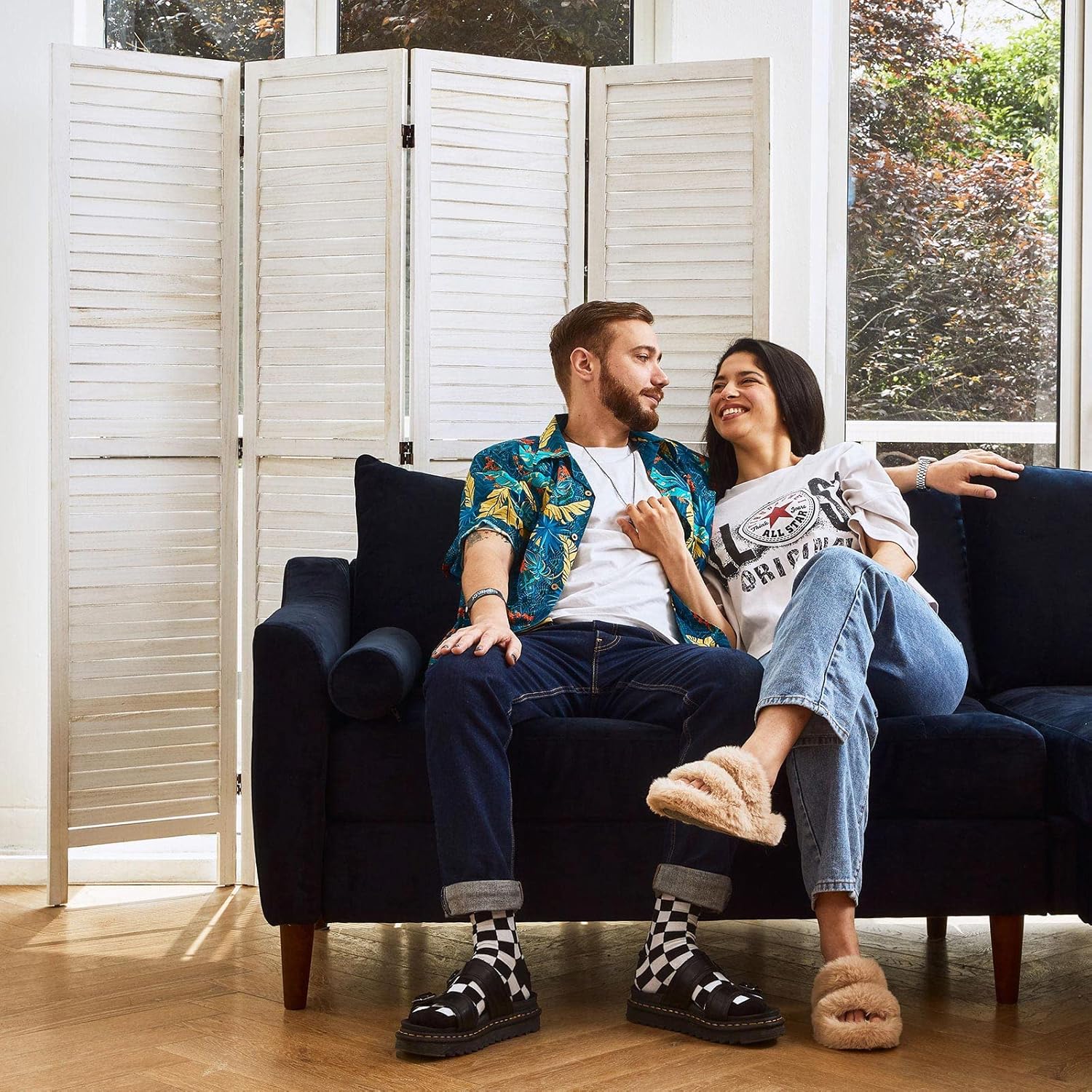 Room Dividers and Folding Privacy Screens, Wood Louvered Separators Divider Wall for Home Office Bedroom - 4 Panels, 67 * 60inch (White-Washed)