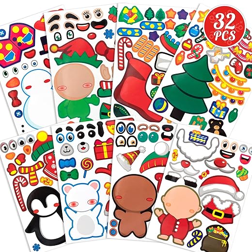 Mocoosy 32PCS Christmas Make a Face Stickers for Kids, Make Your Own Christmas Stickers, Xmas Party Favor Sticker Sheets Craft Game Activities Gift Rewards for Girls Boys Holidays Party Supplies