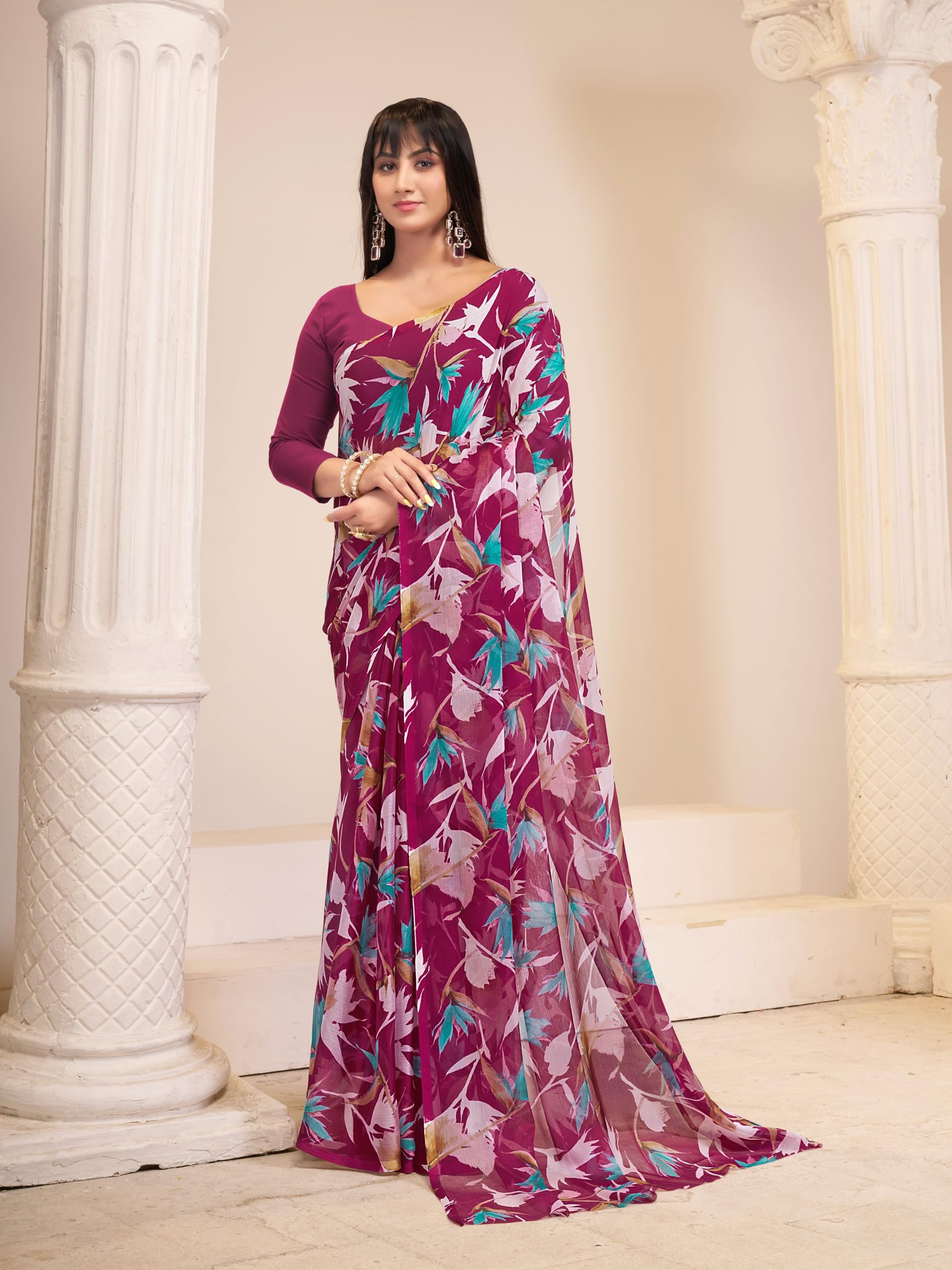Garden Vareli Women's Floral Print Nara Chiffon Saree Wine 3