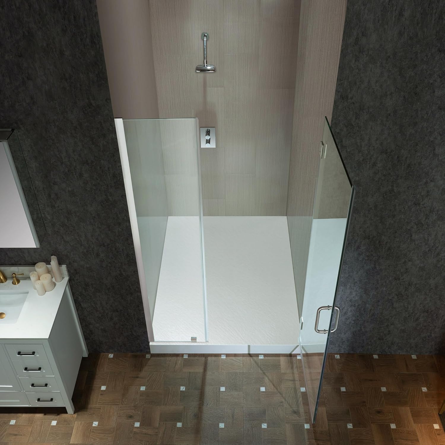 WOODBRIDGE 56-57" W x 76" H Pivot Frameless Single Swing Hinge Shower Door, 3/8 in. (10mm) Thickness Shattered-Proof Tempered Clear Glass with Brushed Nickel Trim