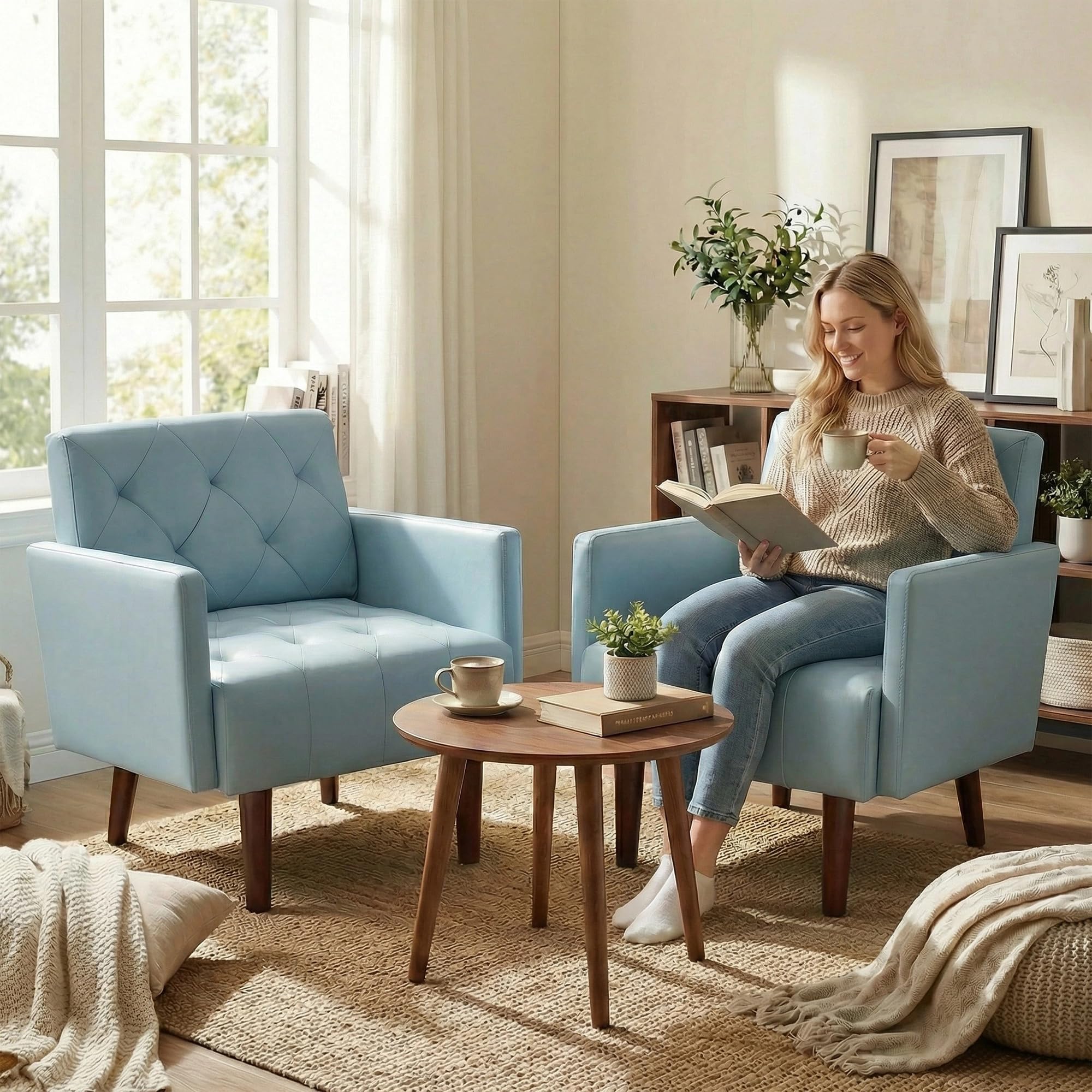 RXRRXY Faux Leather Accent Chair Modern PU Armchair, Retro Tufted Upholstered Arm Chair, Comfy Leather Club Chair Single Sofa for Living Room, Bedroom