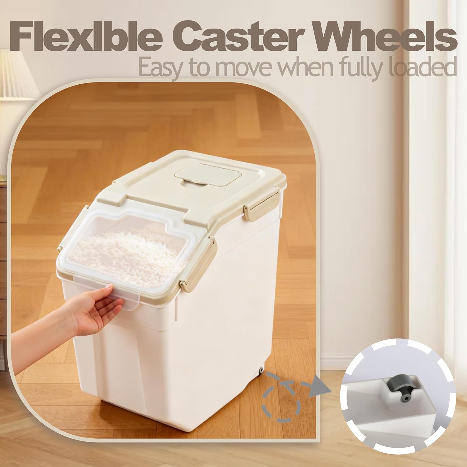 RUIAN 2Pcs Large Flour Storage Container Bin 25Lb Airtight Rice Storage Containers with Wheels Seal Locking Lid, BPA Free with Measuring Cup&Scoop for Flour, Rice, Grain 50LB Total (Gray)