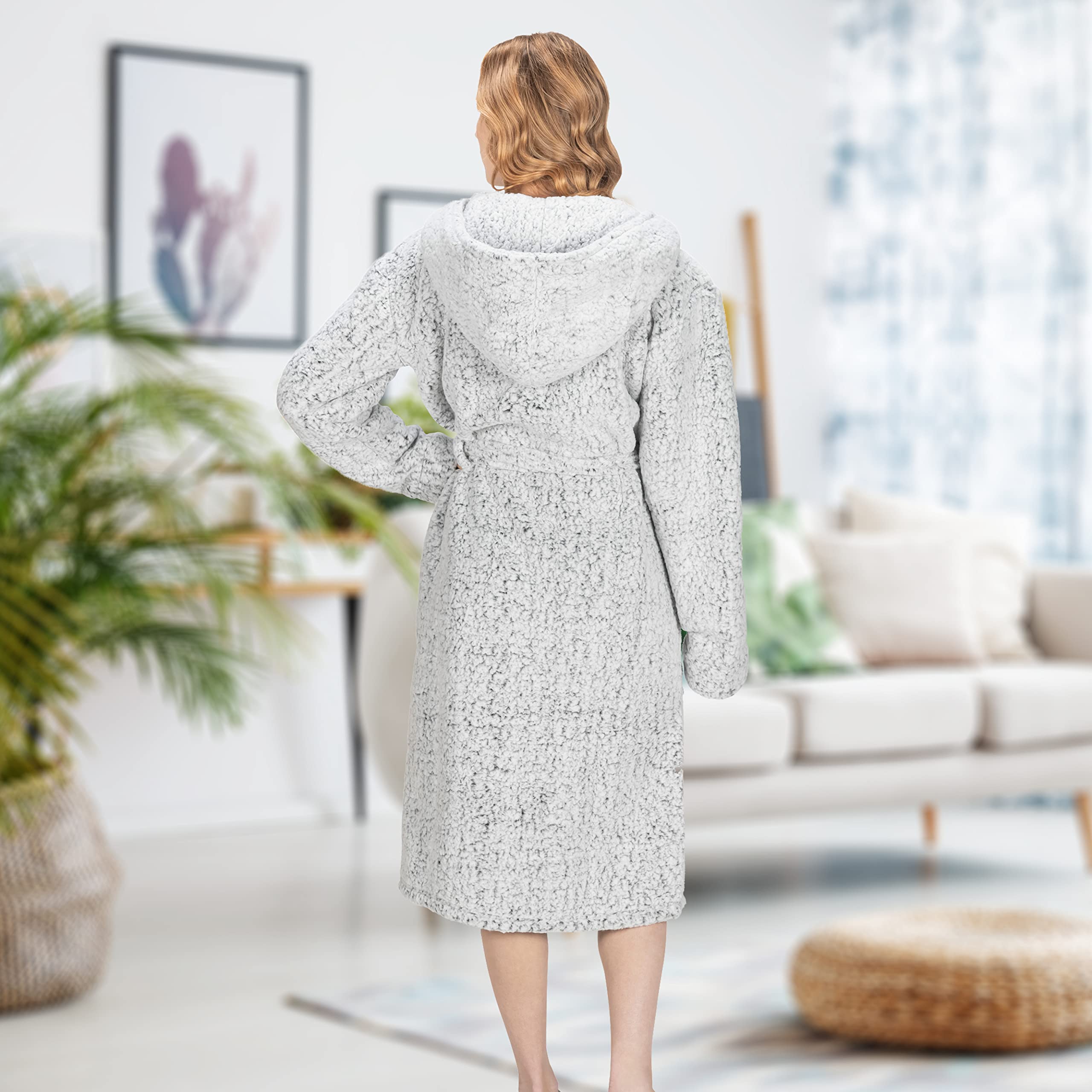 MONHOUSE Womens Bath Robe - Premium Super Soft & Cosy Long Bathrobe - Ladies Thick Flannel Luxury Housecoat - Shearling Spa Gown for Her - Sherpa Bathrobe - Grey Shealing UK 8-10