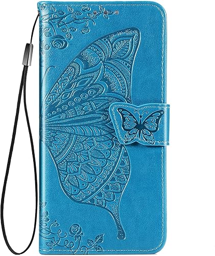 Funda tipo cartera para iPhone 15 Plus, con estampado de mariposas y flores en relieve, piel de primera calidad, con ranuras para tarjetas, funda