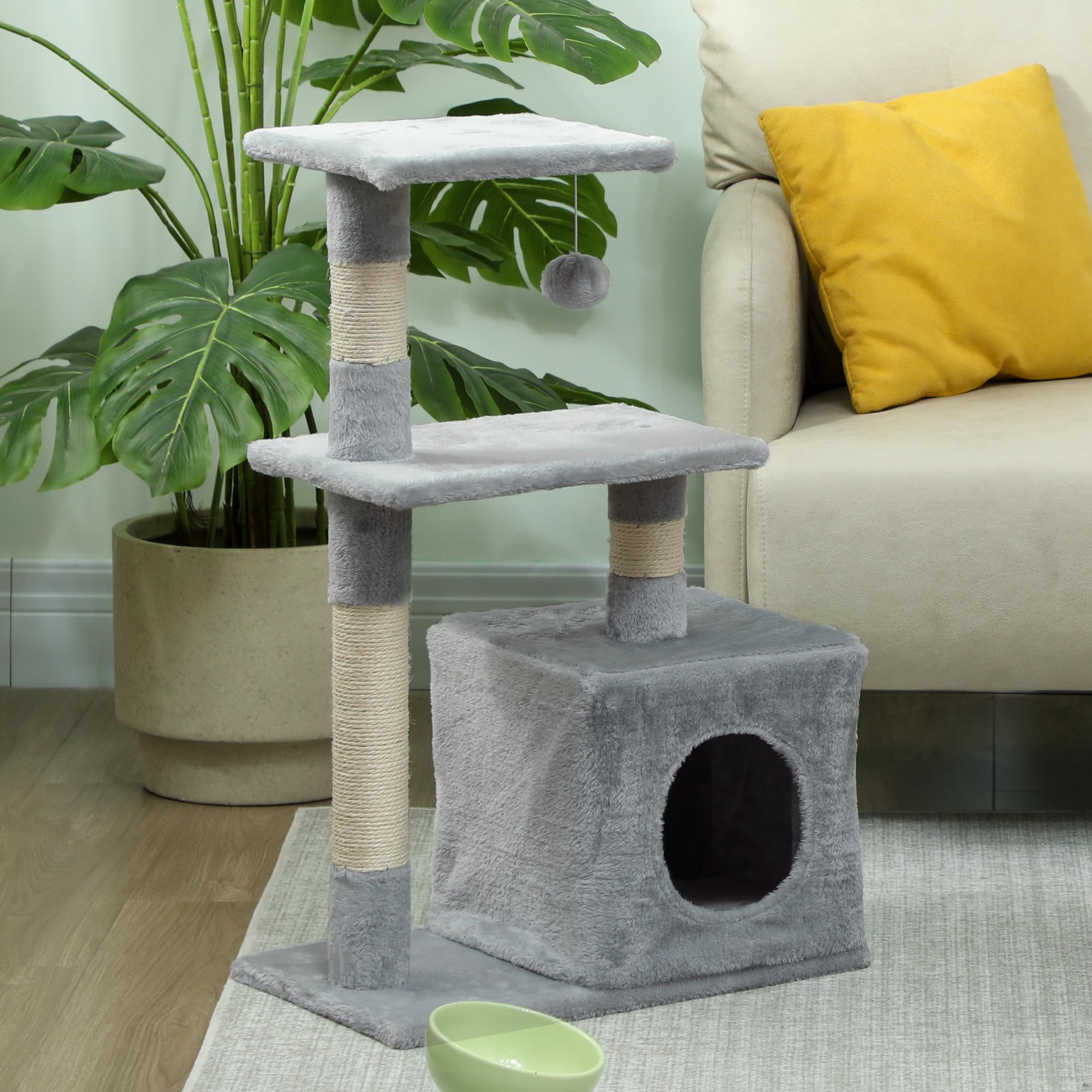 PawHut Arbre à Chat Hauteur 81,5 cm Tour de Jeux pour Chats avec poteaux en sisal, 2 Plates-Formes, Niche, Balle, Tissu Peluche, griffoir Multi-Niveaux idéal pour Chat 4,5 kg, Gris foncé