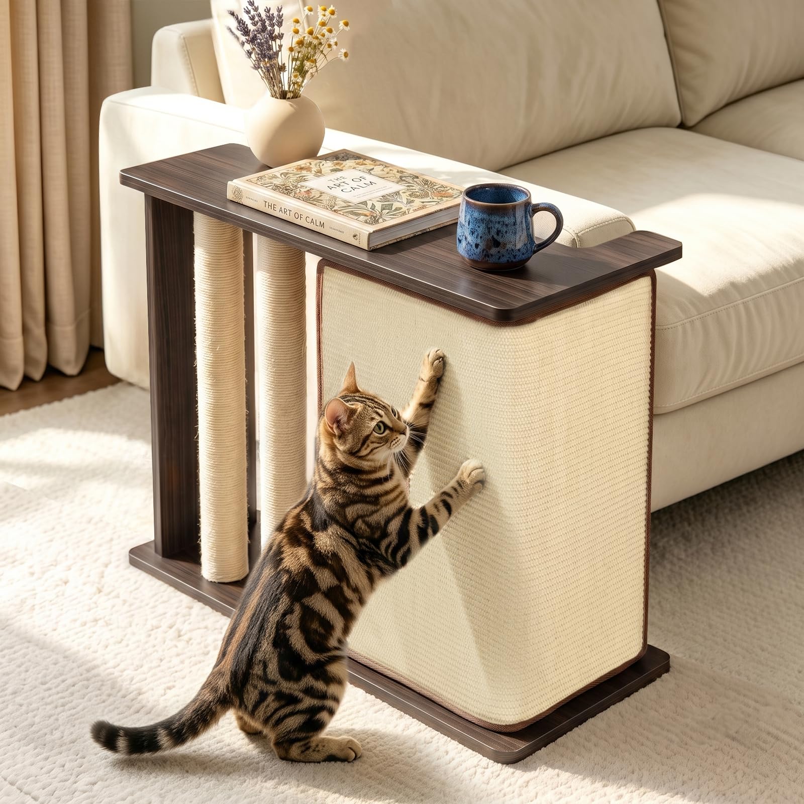 Kepism Cat Corner Side Table Scratcher, 3-in-1 Sofa Protector from Cat Claws with Scratching Post – Replaceable Sisal Pad, Sturdy Wood Frame, Fits Left/Right Sofa Arm, Odor-Free, Black Walnut, 23.5"