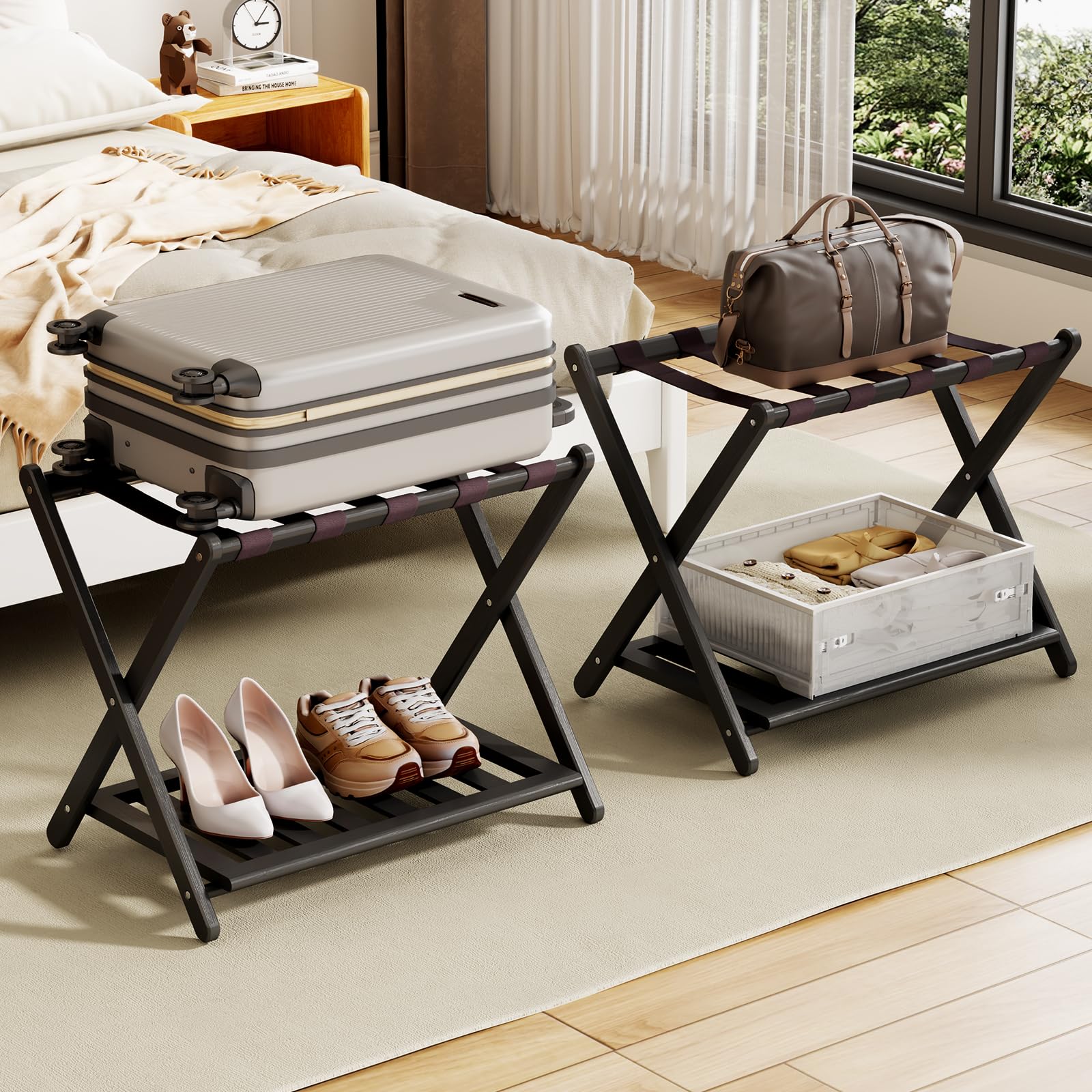 Oakvora Luggage Rack for Guest Room - Set of 2 Full Assembled Luggage Rack Stand for Suitcases, Foldable Luggage Holders with Shoe Shelf, 5 Nylon Straps for Bedroom, Hotel (Black Suitcase Stands)