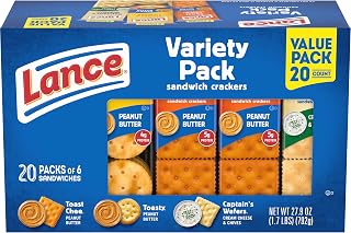 Lance Sandwich Crackers Variety Pack: ToastChee PB, Toasty PB, Captain's Wafers Cream Cheese Chives - 20 Packs, 6 Each