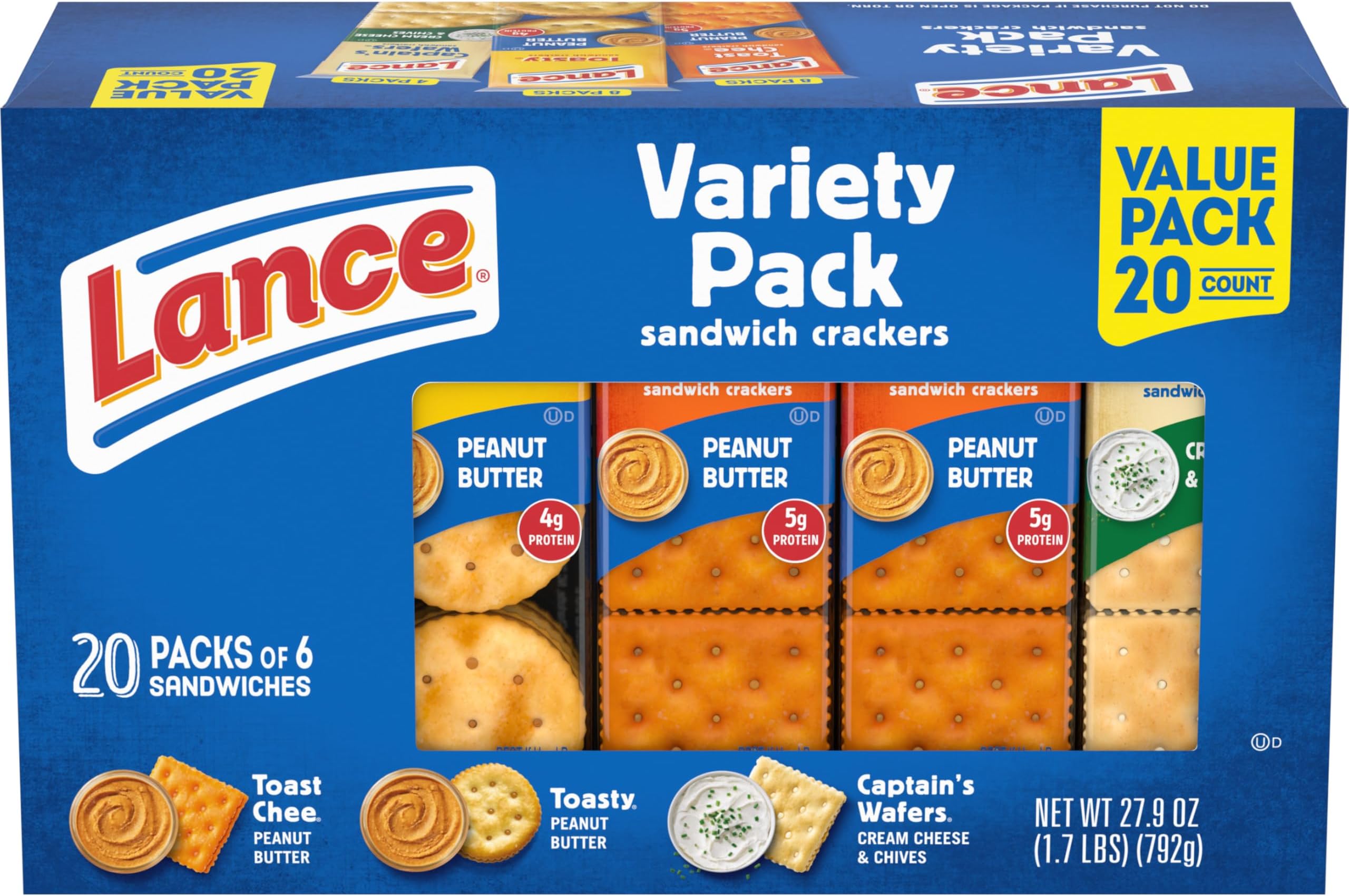 Lance Variety Pack Sandwich Crackers with ToastChee and Toasty with Peanut Butter and Captain's Wafers with Cream Cheese, 20 Ct