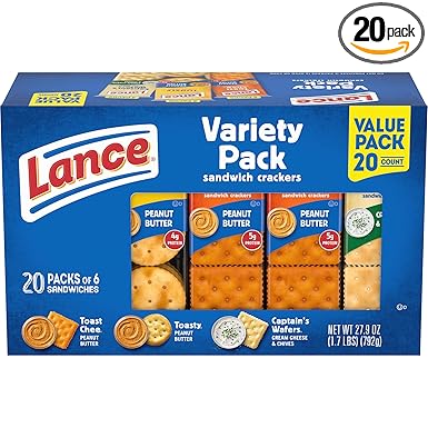 Lance Sandwich Crackers, Variety Pack, 3 Flavors, 20 Individually Wrapped Packs, 6 Sandwiches Each
