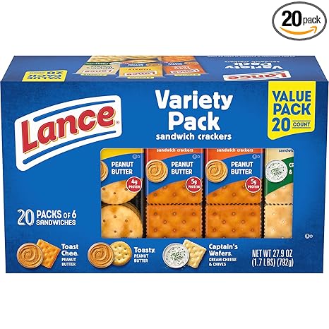 Lance Sandwich Crackers, Variety Pack, 3 Flavors, 20 Individually Wrapped Packs, 6 Sandwiches Each