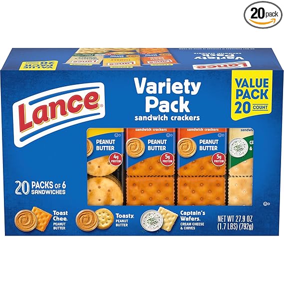 Lance Sandwich Crackers, Variety Pack, 3 Flavors, 20 Individually Wrapped Packs, 6 Sandwiches Each