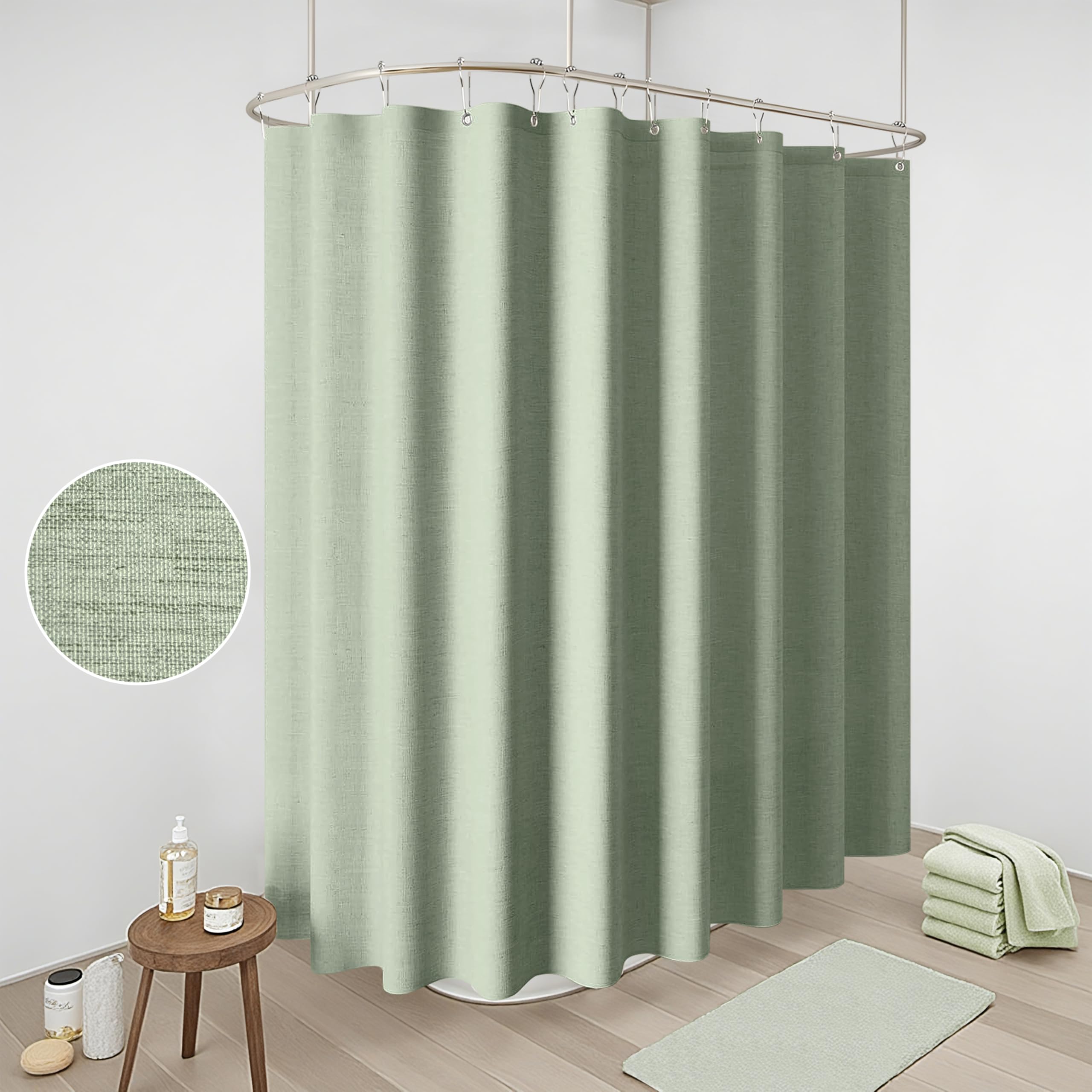 VANZAVANZU Duschvorhang Leinen mit Metall Duschvorhangringe Stoff Textil Badewannenvorhang Anti Schimmel Bad Vorhang Set Wasserdicht Schwerer Badewanne Vorhang - 275 x 182cm (Salbeigrün)