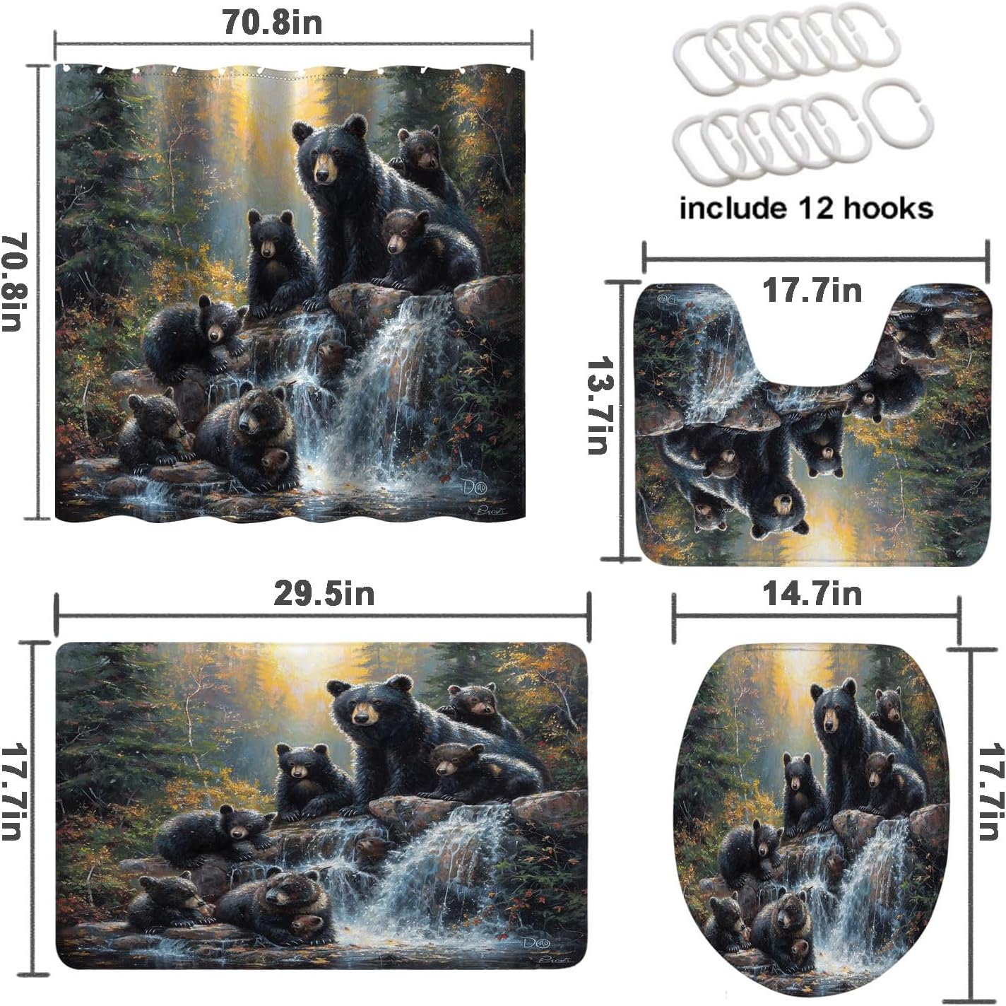 4 Pcs Black Bear Bathroom Shower Curtain Set with Rugs,Toilet Lid Cover, Bath Mat, Wildlife Bear Vintage Cabin Forest Waterfall Bathroom Decor Sets Accessories with 12 Hooks
