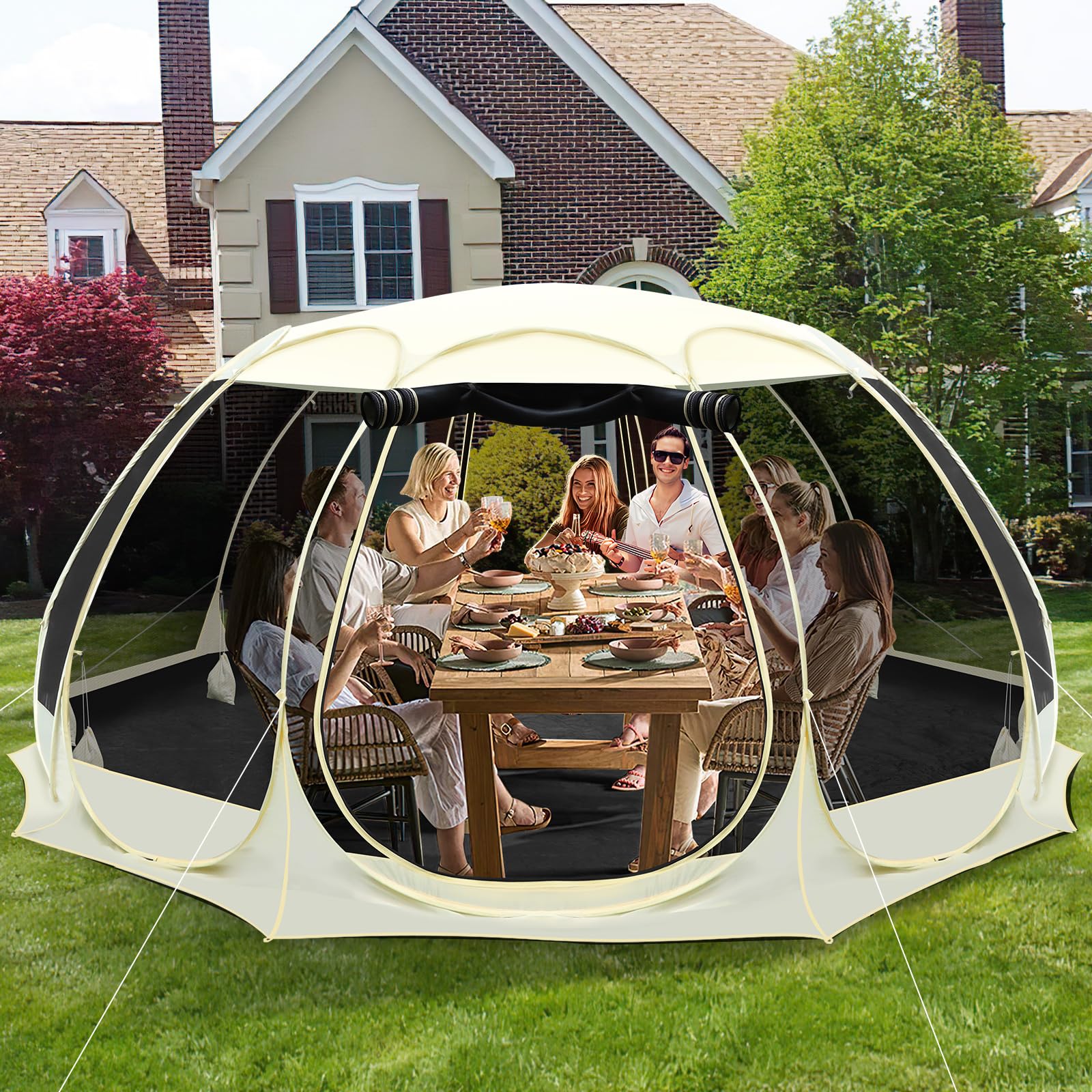 15x15Ft Pop-Up Canopy Screen House Tent - Outdoor Screen Room with 10 Mesh Side Panels Not Waterproof, Includes Carrying Bag - Fit 12-15 Person