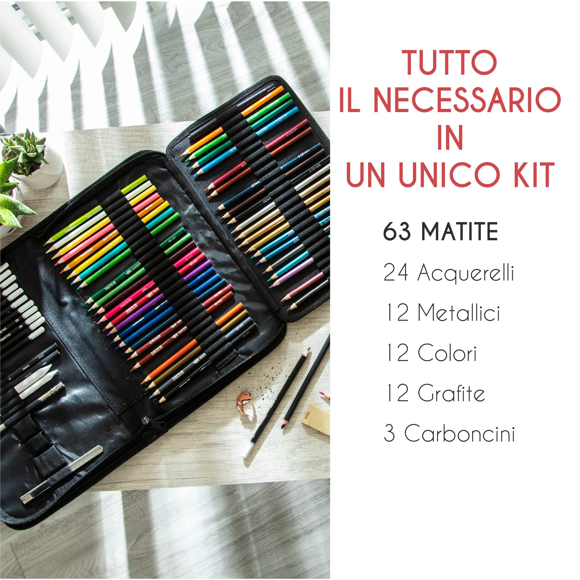 Zenacolor Kit Disegno Professionale, 74 Pezzi Set Disegno, Con Matite Colorate, Da Schizzo Grafite e Accessori in Astuccio Portatile, 1 Album da Disegno