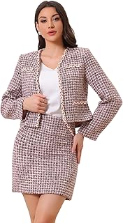 2 Piece Tweed Plaid Skirt Set for Women's Business Collarless Blazer and...